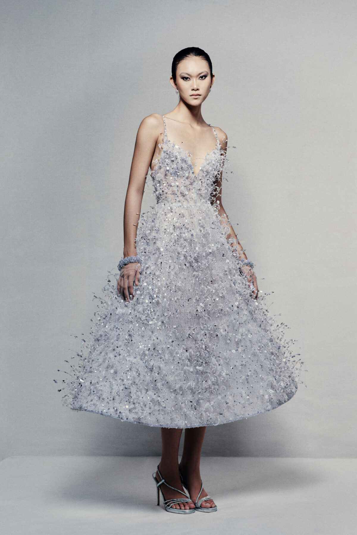 A-line tea-length guipure lace dress in silvery blue