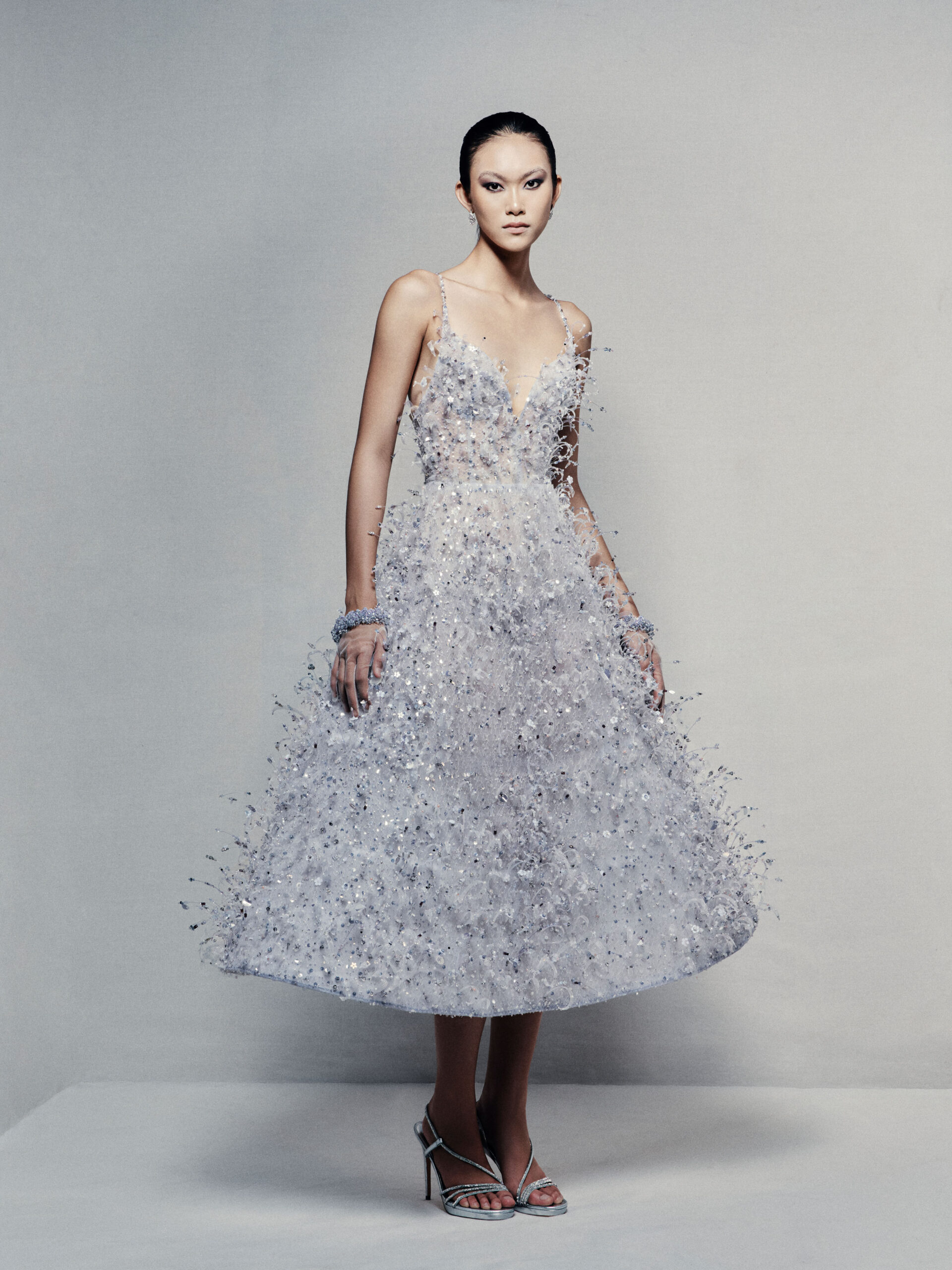 A-line tea-length guipure lace dress in silvery blue