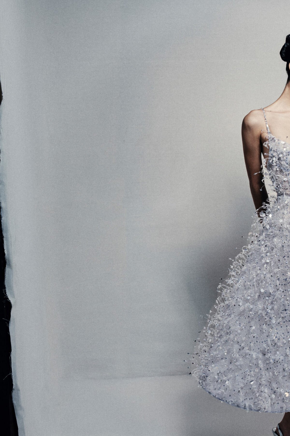 A-line tea-length guipure lace dress in silvery blue