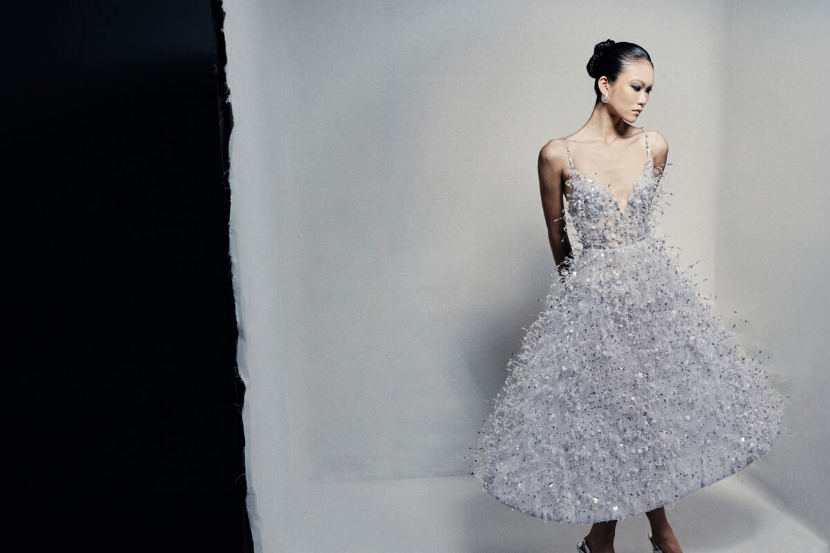 A-line tea-length guipure lace dress in silvery blue