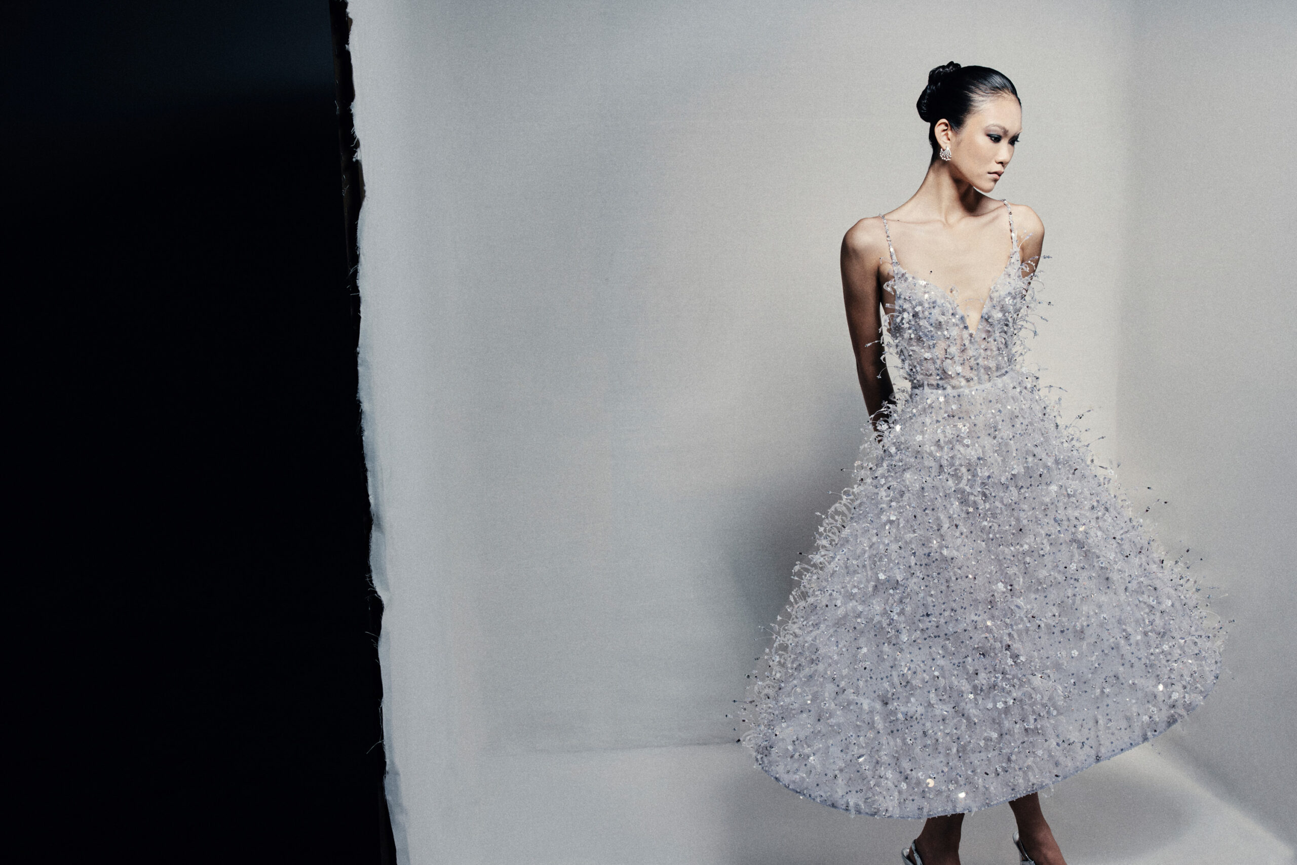 A-line tea-length guipure lace dress in silvery blue