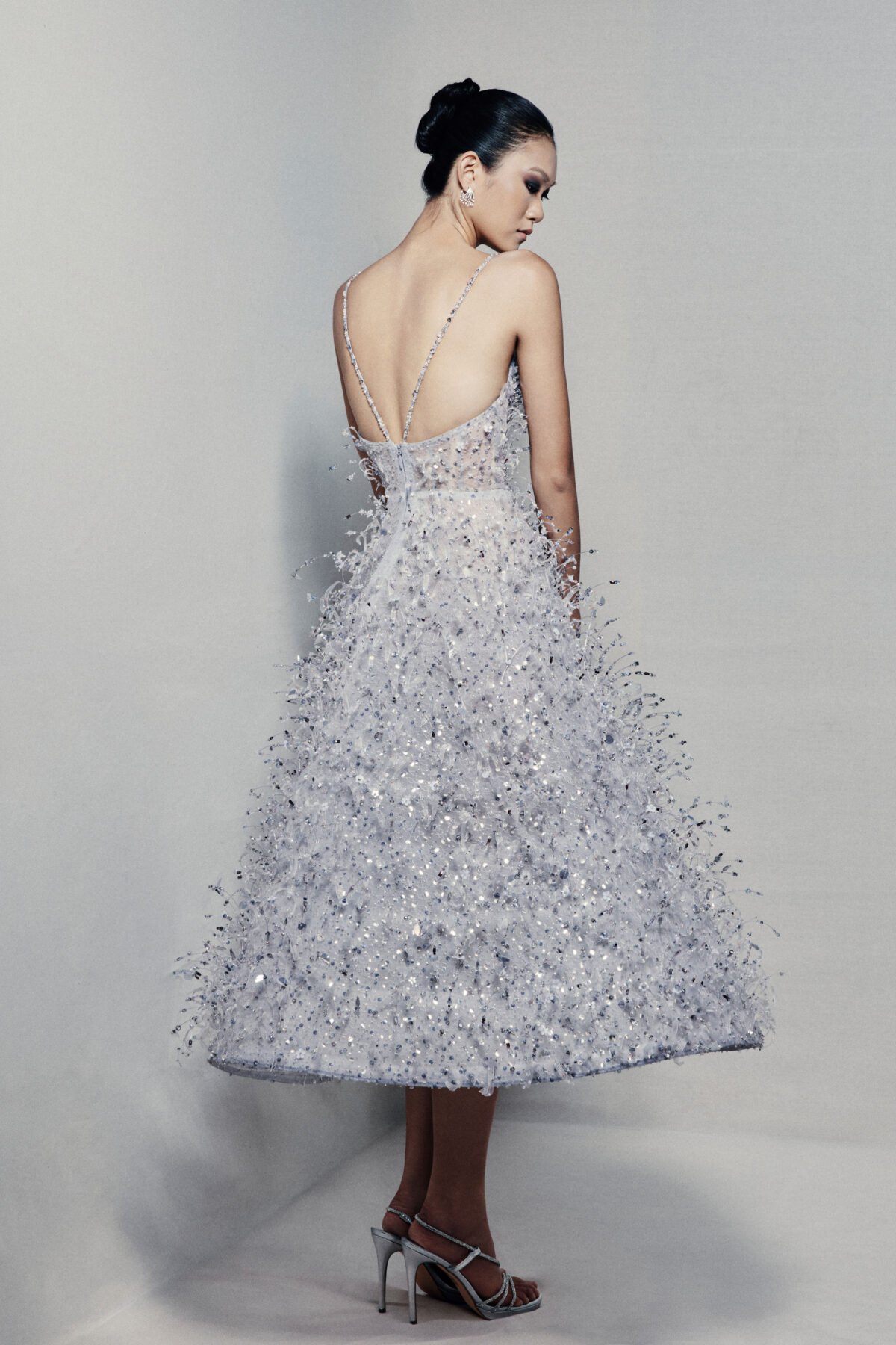 A-line tea-length guipure lace dress in silvery blue