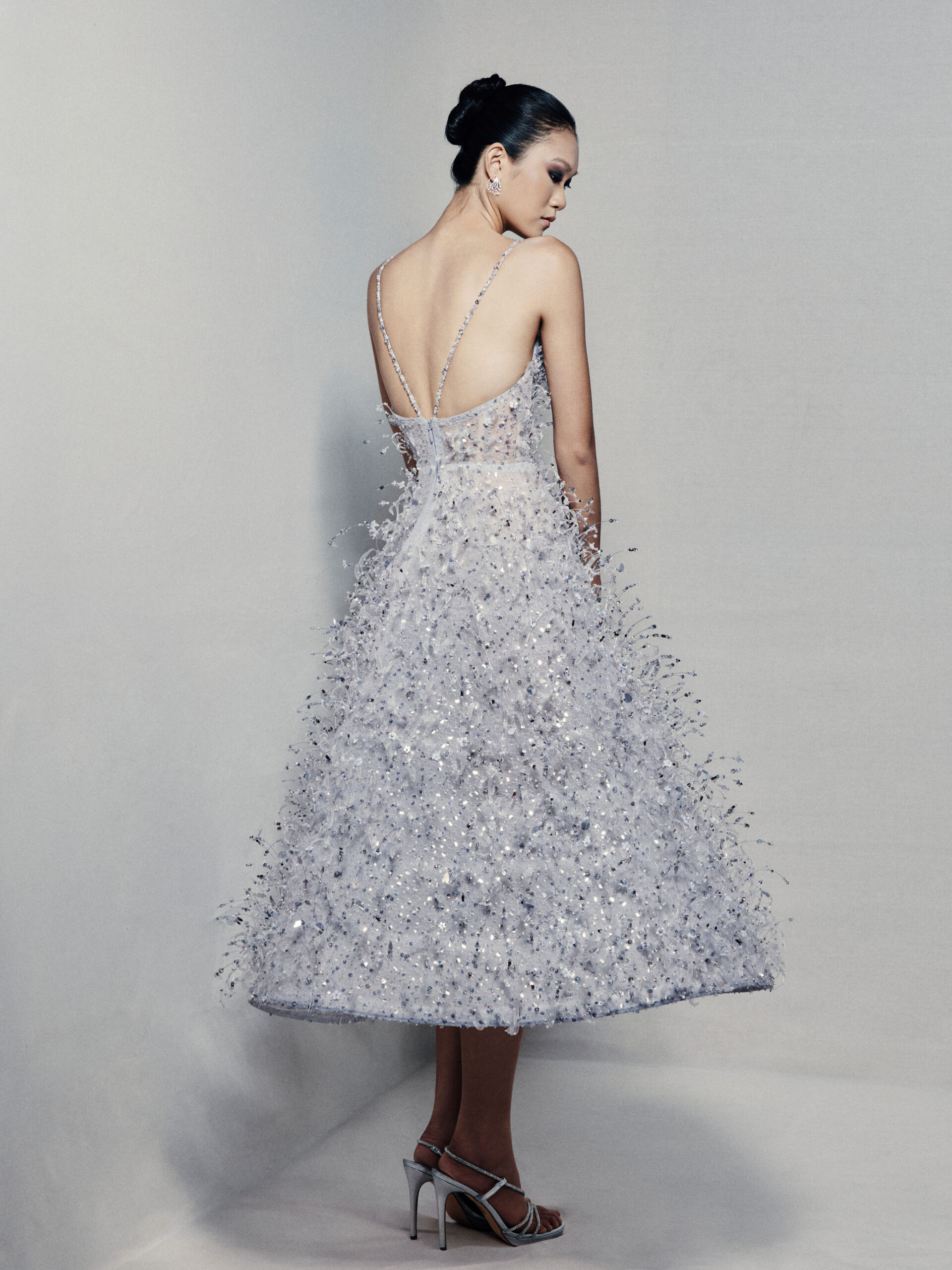 A-line tea-length guipure lace dress in silvery blue