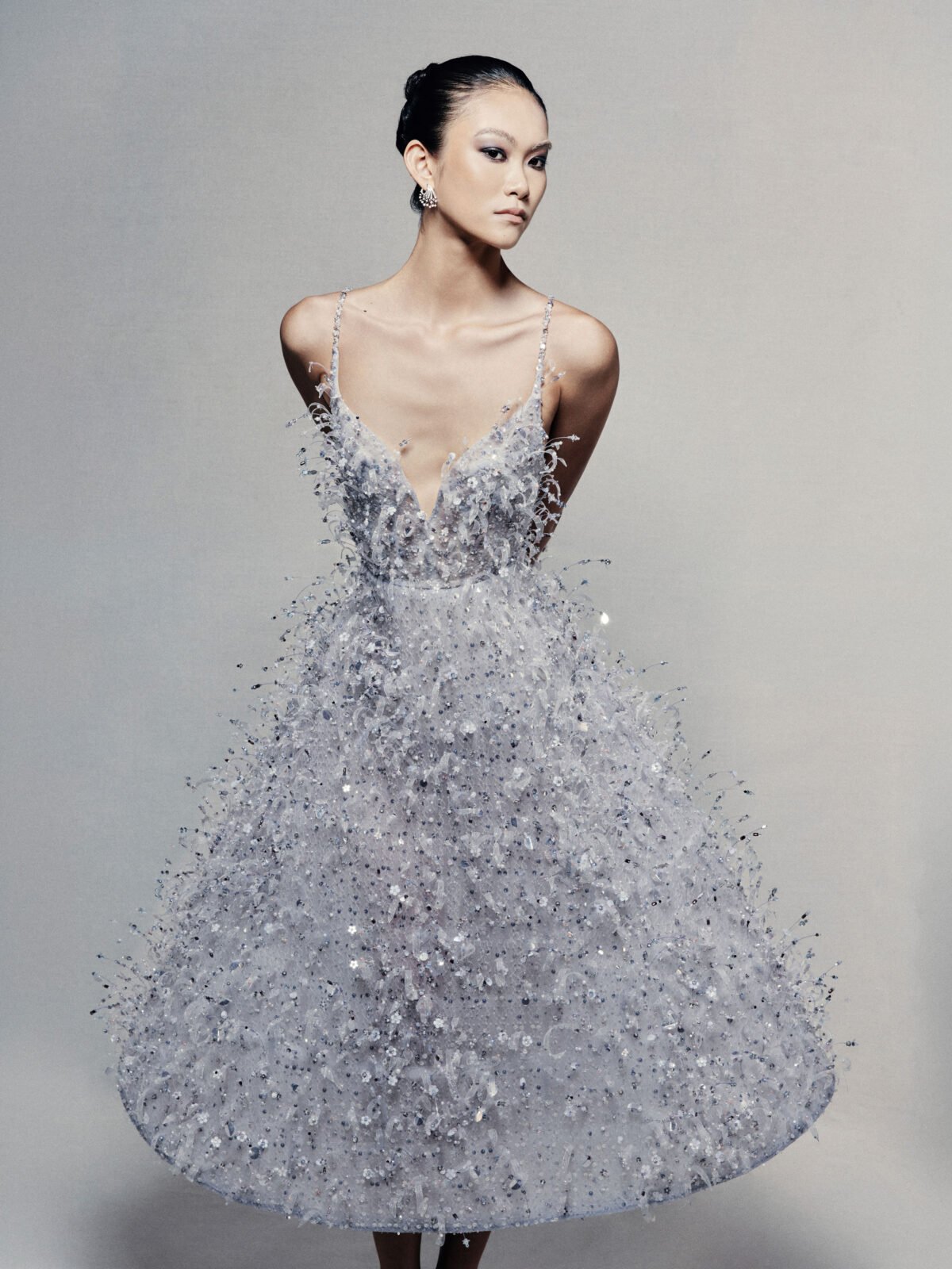 A-line tea-length guipure lace dress in silvery blue