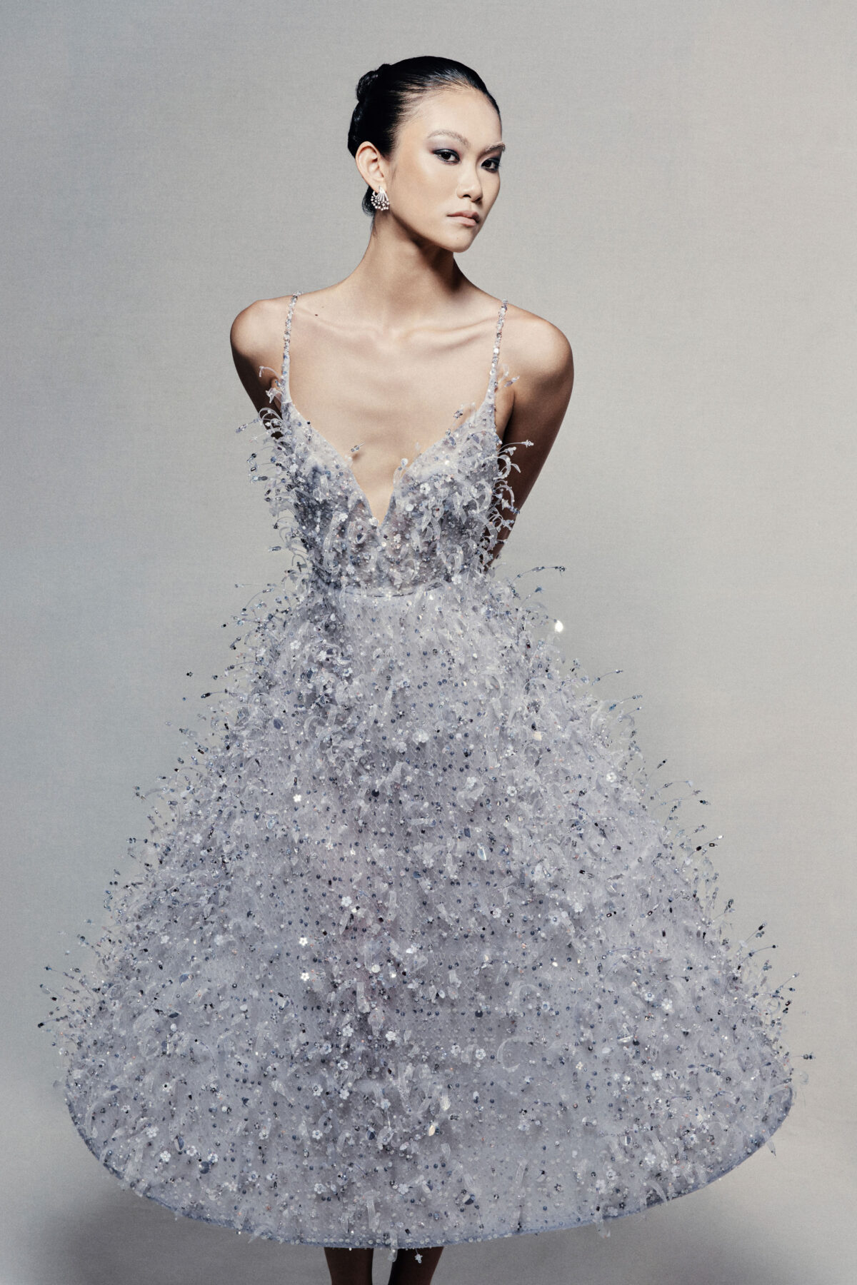 A-line tea-length guipure lace dress in silvery blue