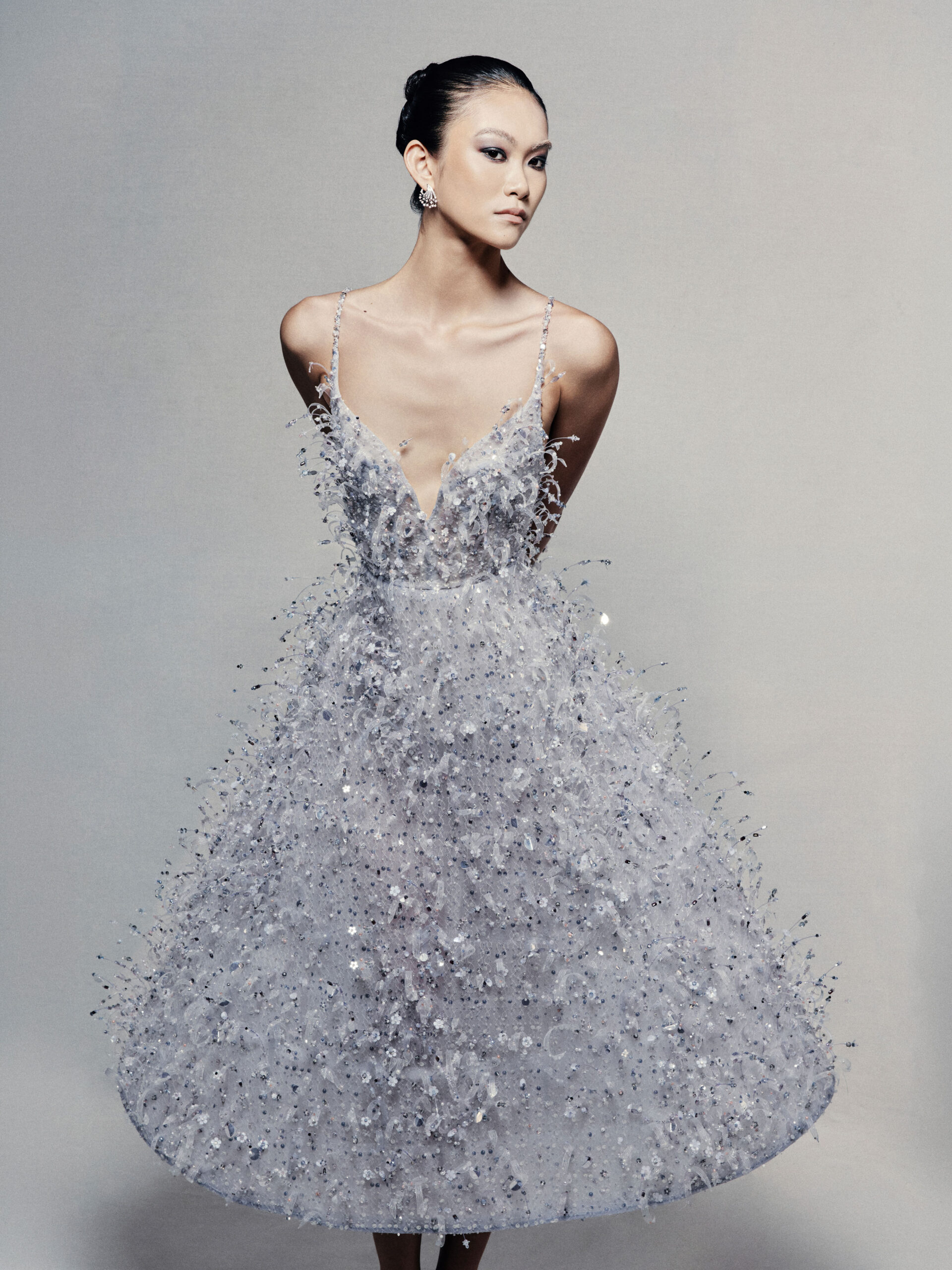 A-line tea-length guipure lace dress in silvery blue