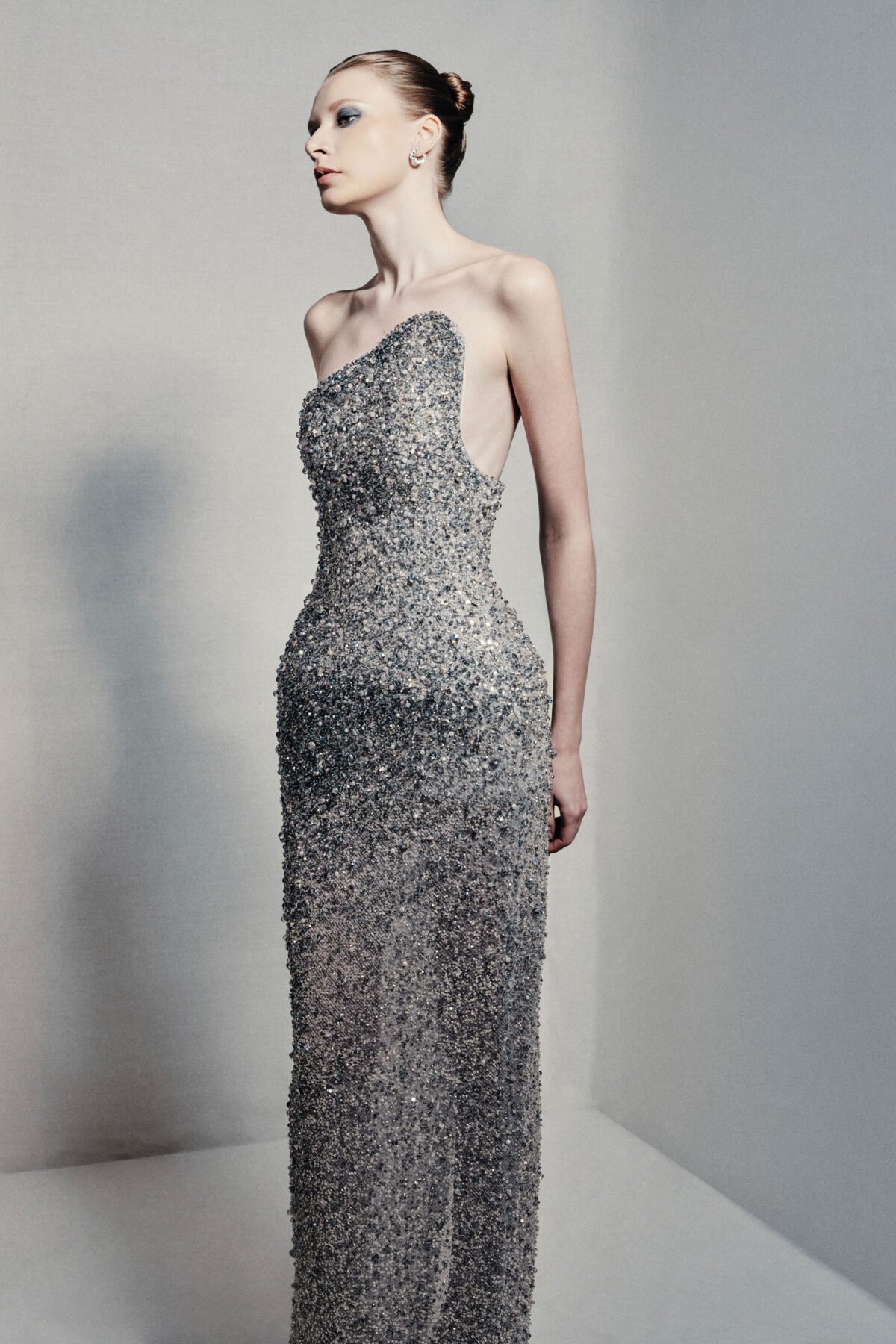 One-shoulder column gown in lavender and silvery grey