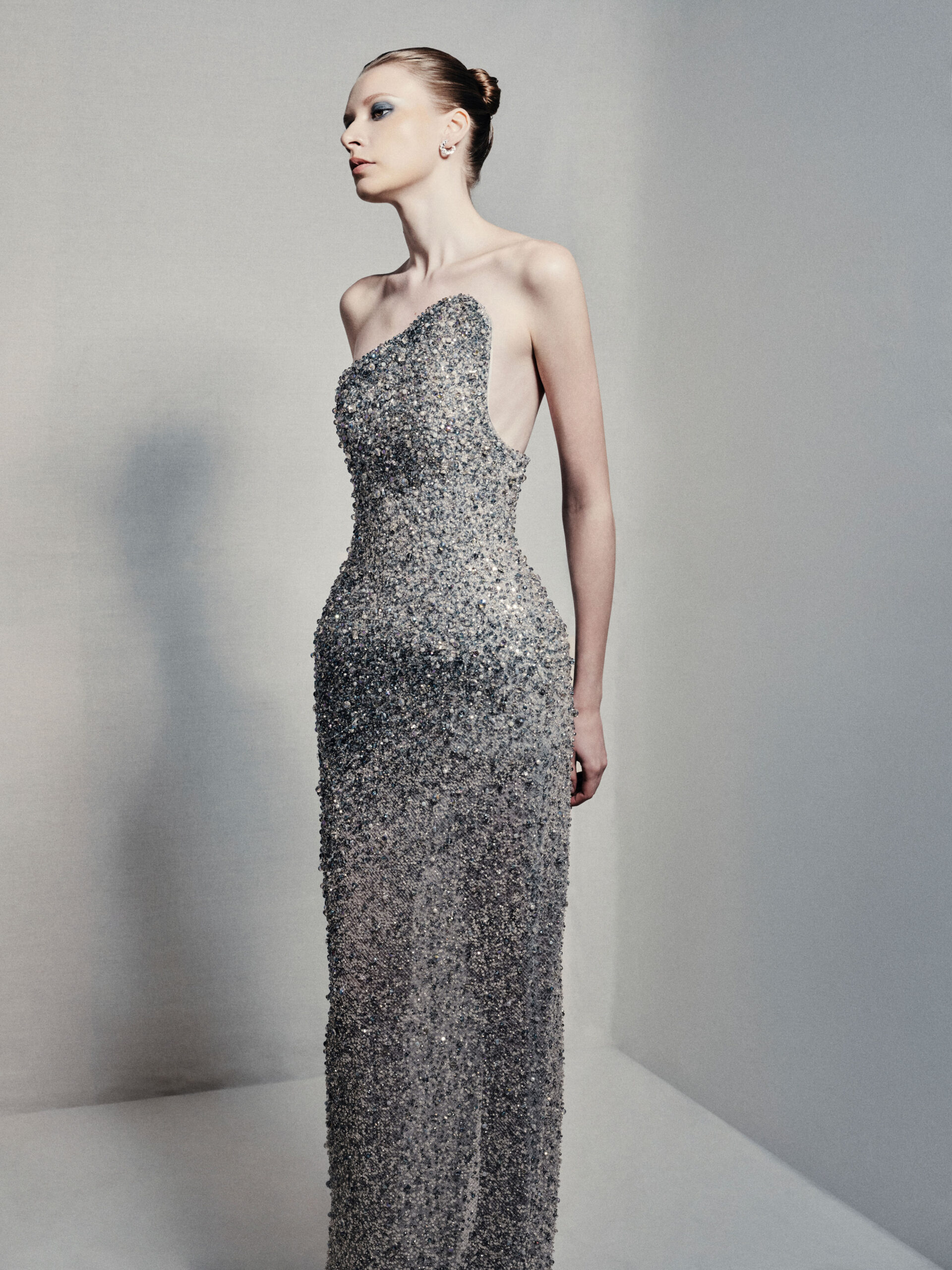 One-shoulder column gown in lavender and silvery grey