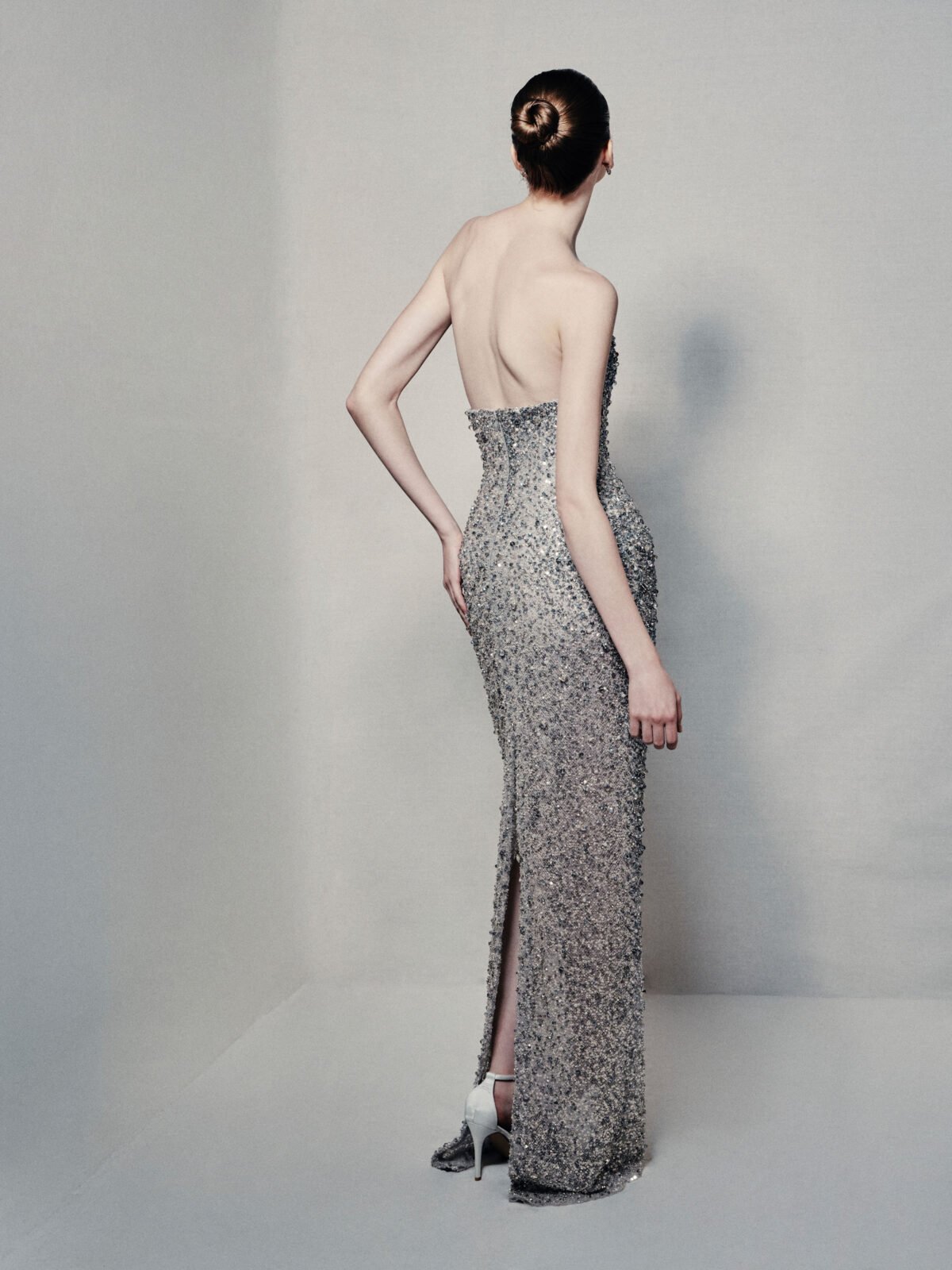 One-shoulder column gown in lavender and silvery grey