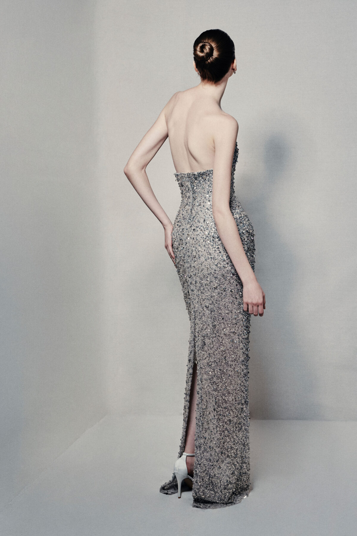 One-shoulder column gown in lavender and silvery grey