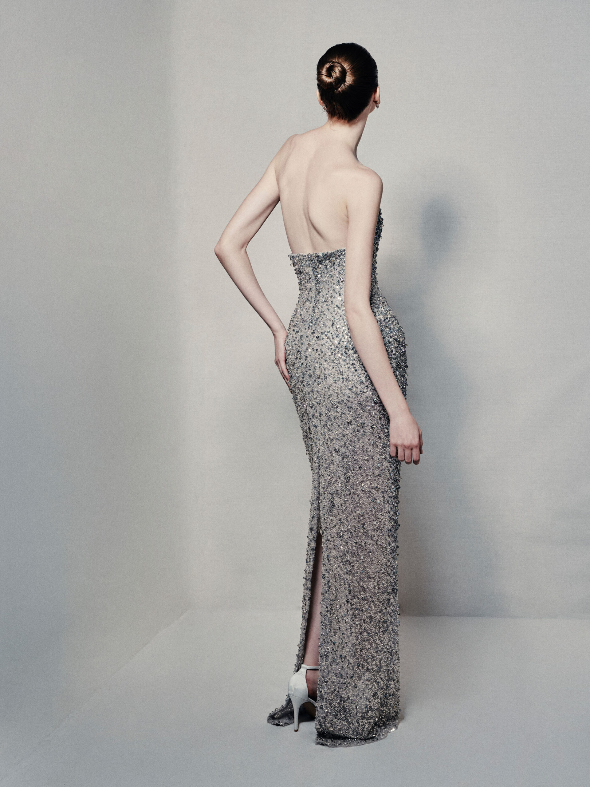 One-shoulder column gown in lavender and silvery grey