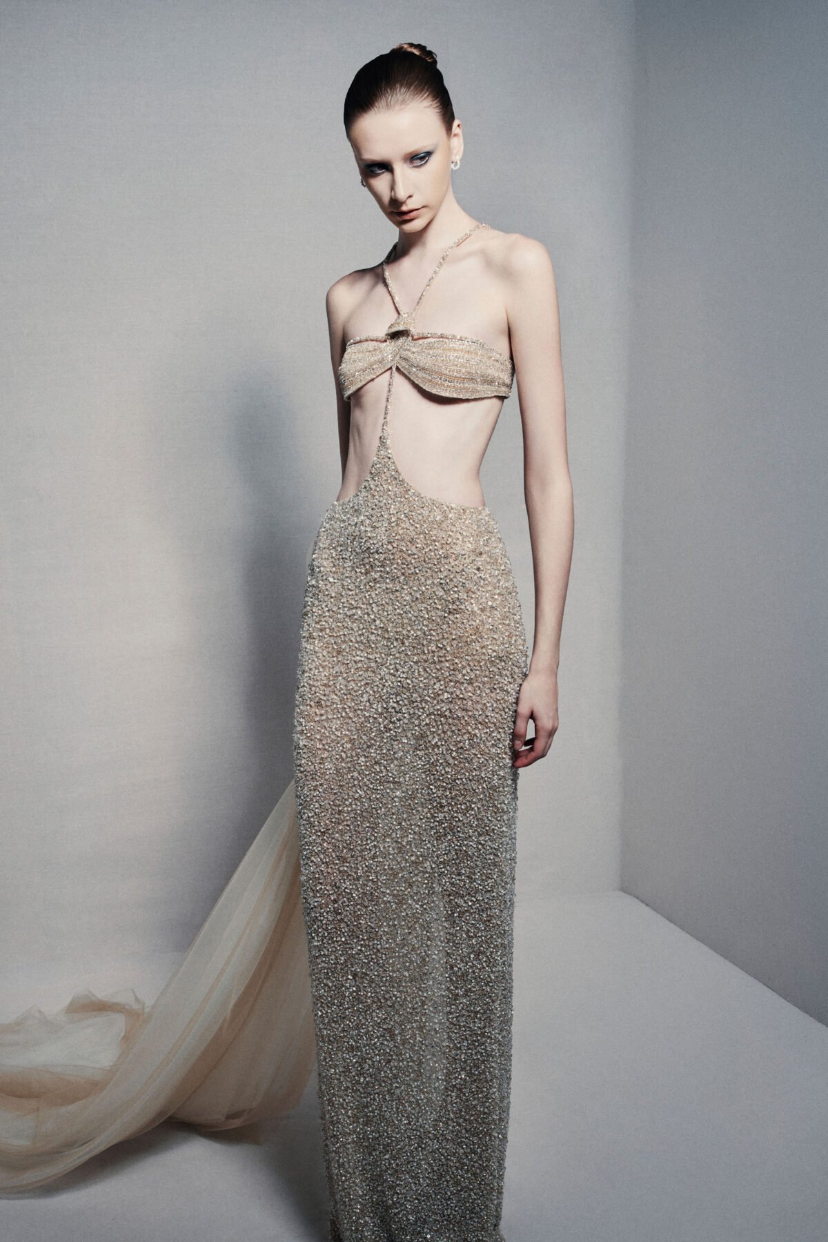 Beaded bandeau and sheath skirt ensemble in champagne gold