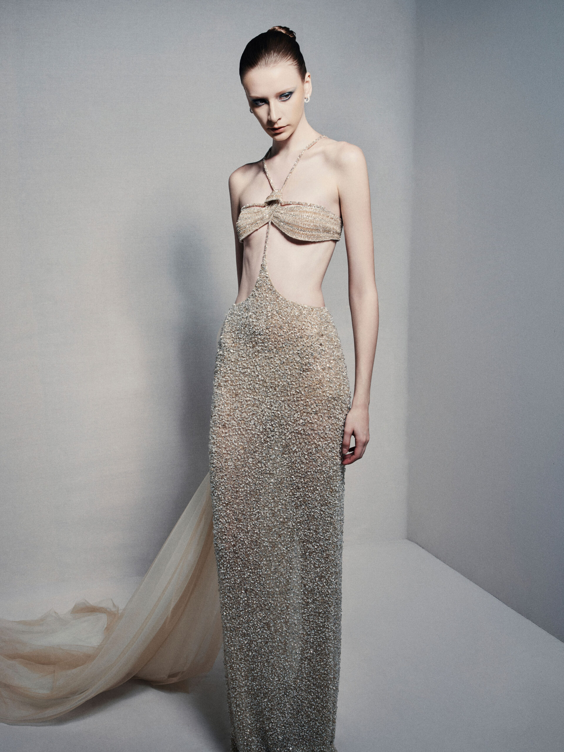 Beaded bandeau and sheath skirt ensemble in champagne gold