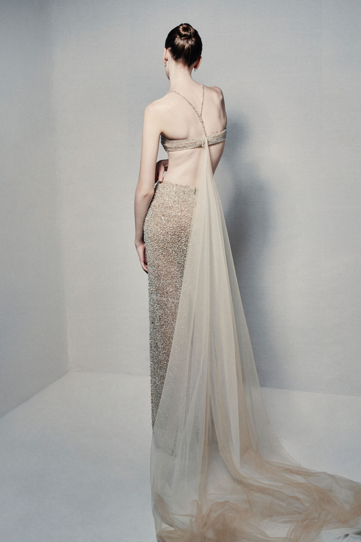 Beaded bandeau and sheath skirt ensemble in champagne gold