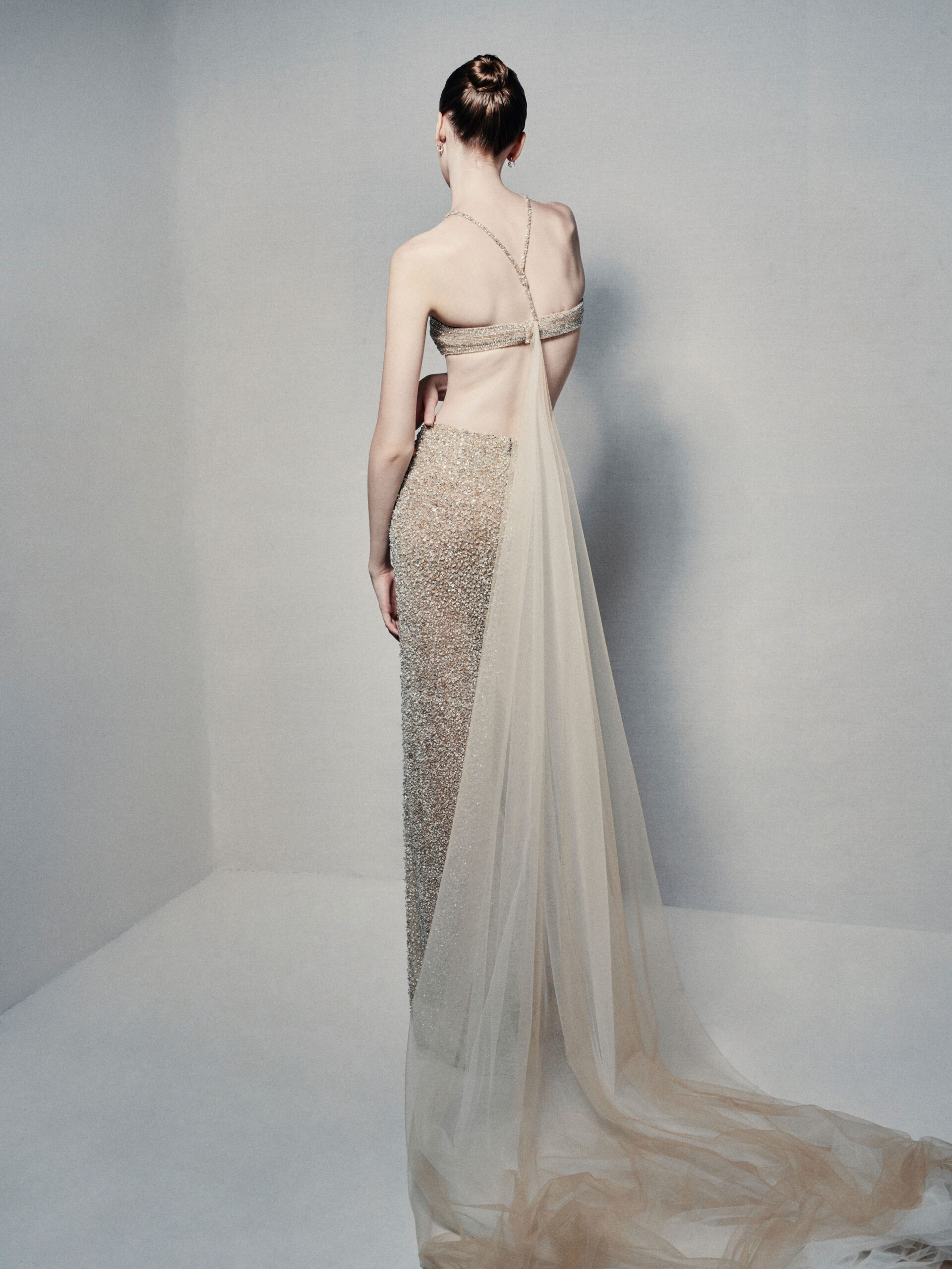 Beaded bandeau and sheath skirt ensemble in champagne gold