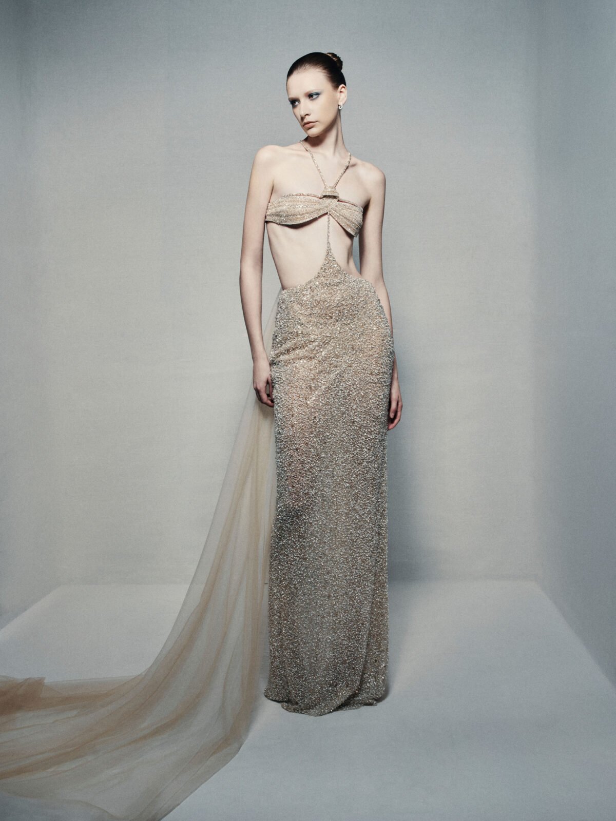 Beaded bandeau and sheath skirt ensemble in champagne gold