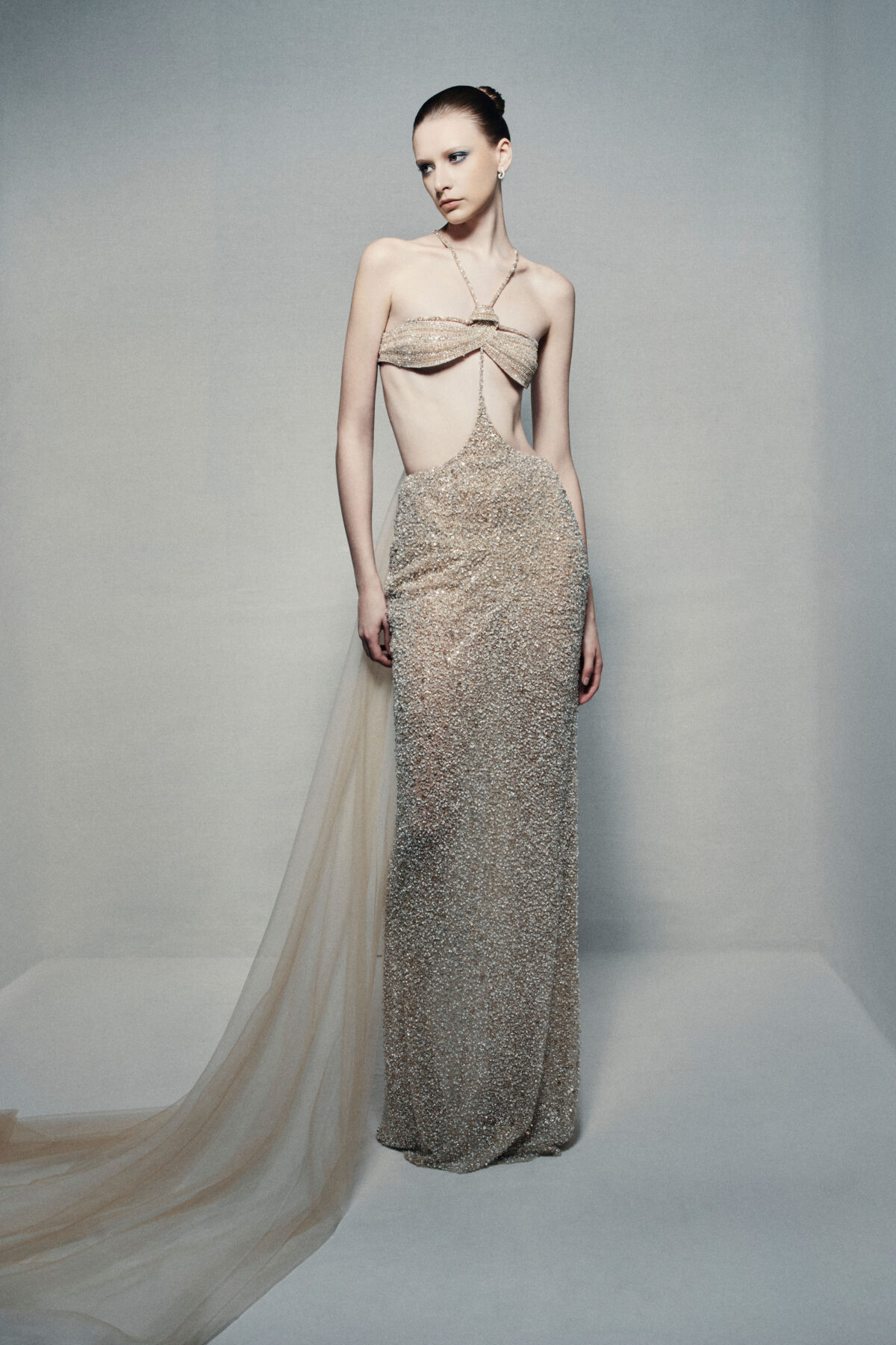 Beaded bandeau and sheath skirt ensemble in champagne gold