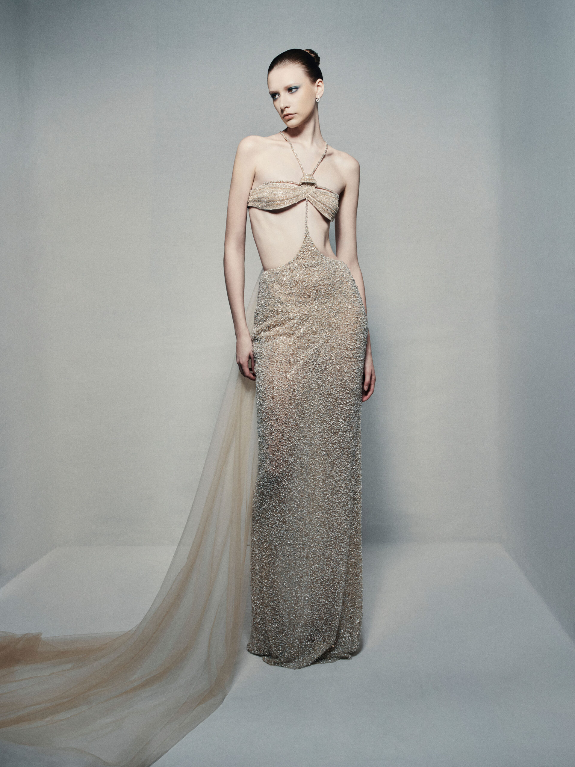 Beaded bandeau and sheath skirt ensemble in champagne gold