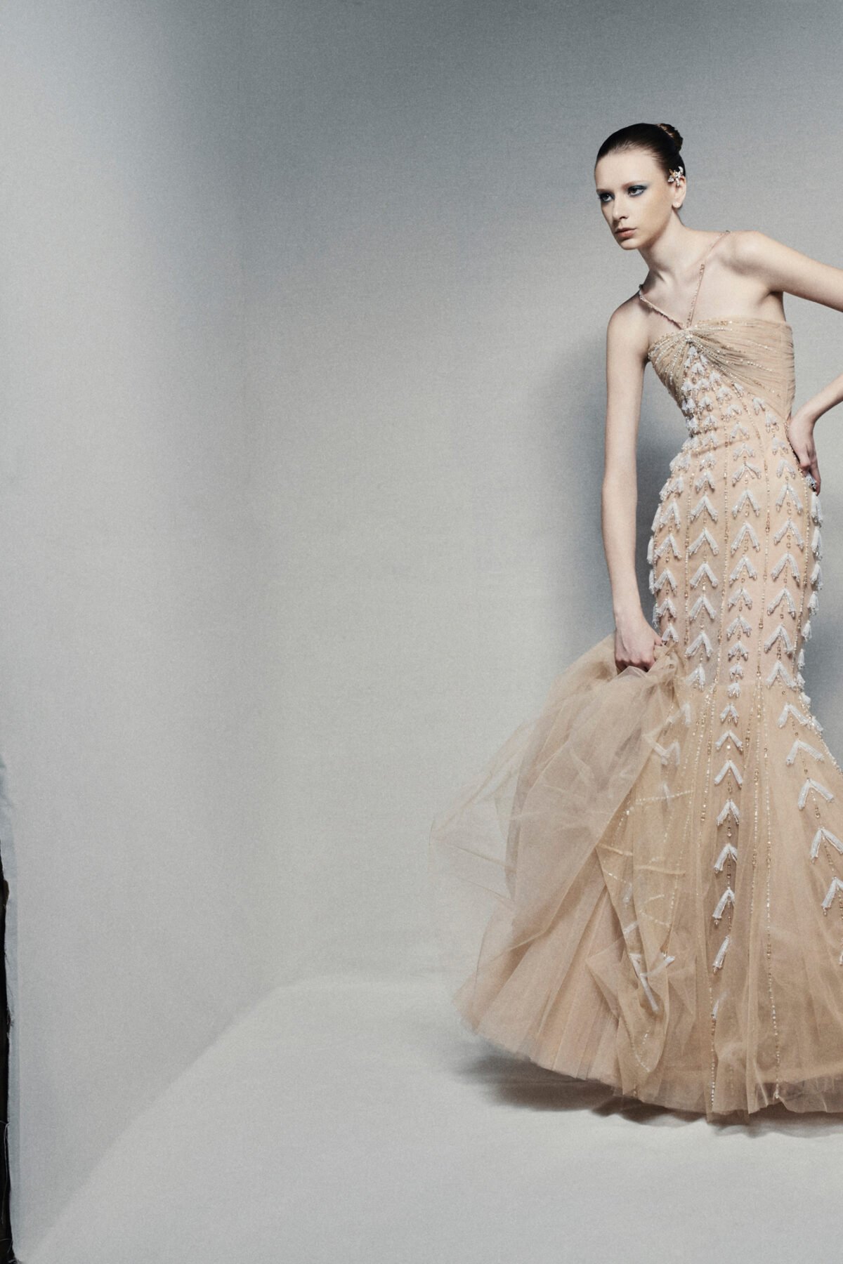 Tulle mermaid gown in warm champagne