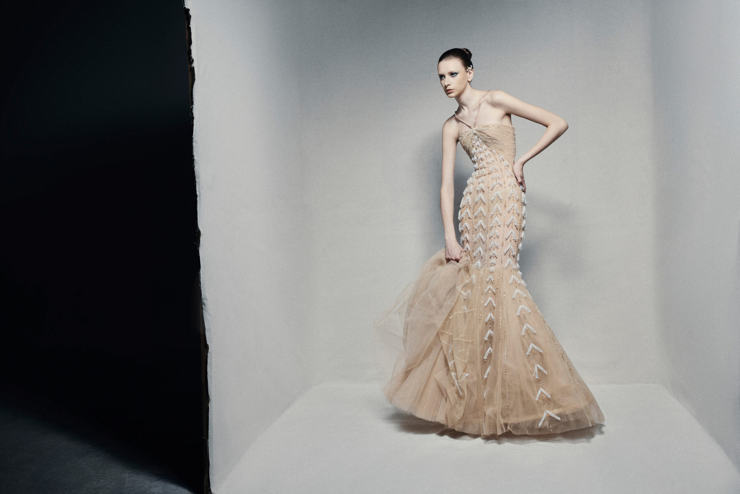 Tulle mermaid gown in warm champagne