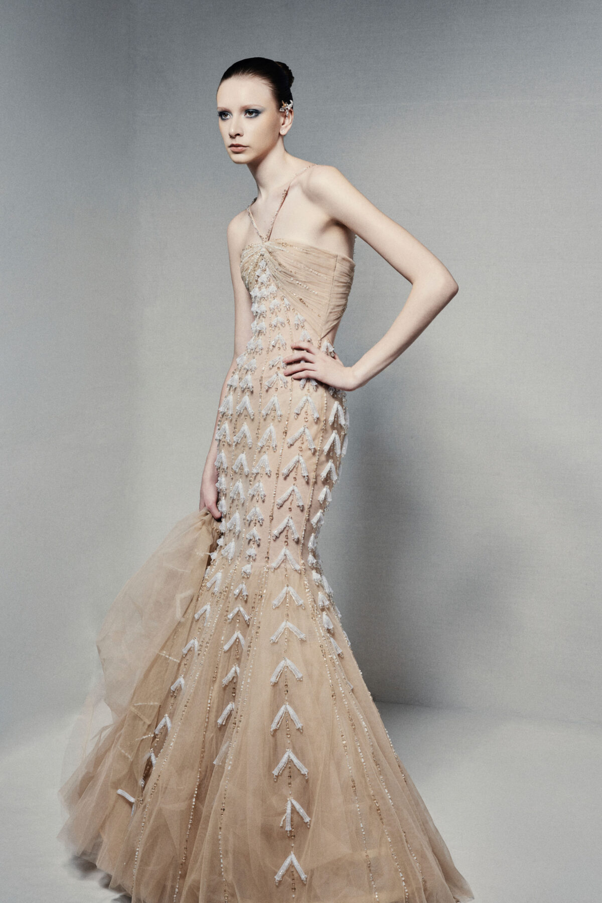 Tulle mermaid gown in warm champagne