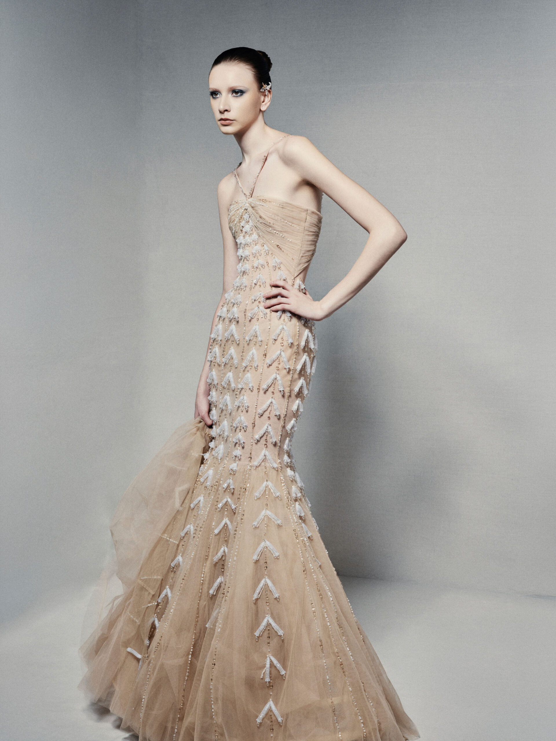 Tulle mermaid gown in warm champagne