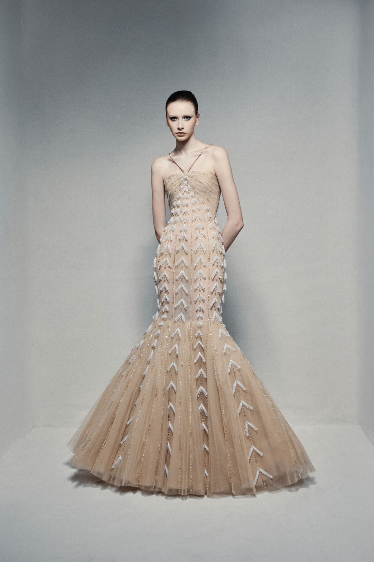 Tulle mermaid gown in warm champagne