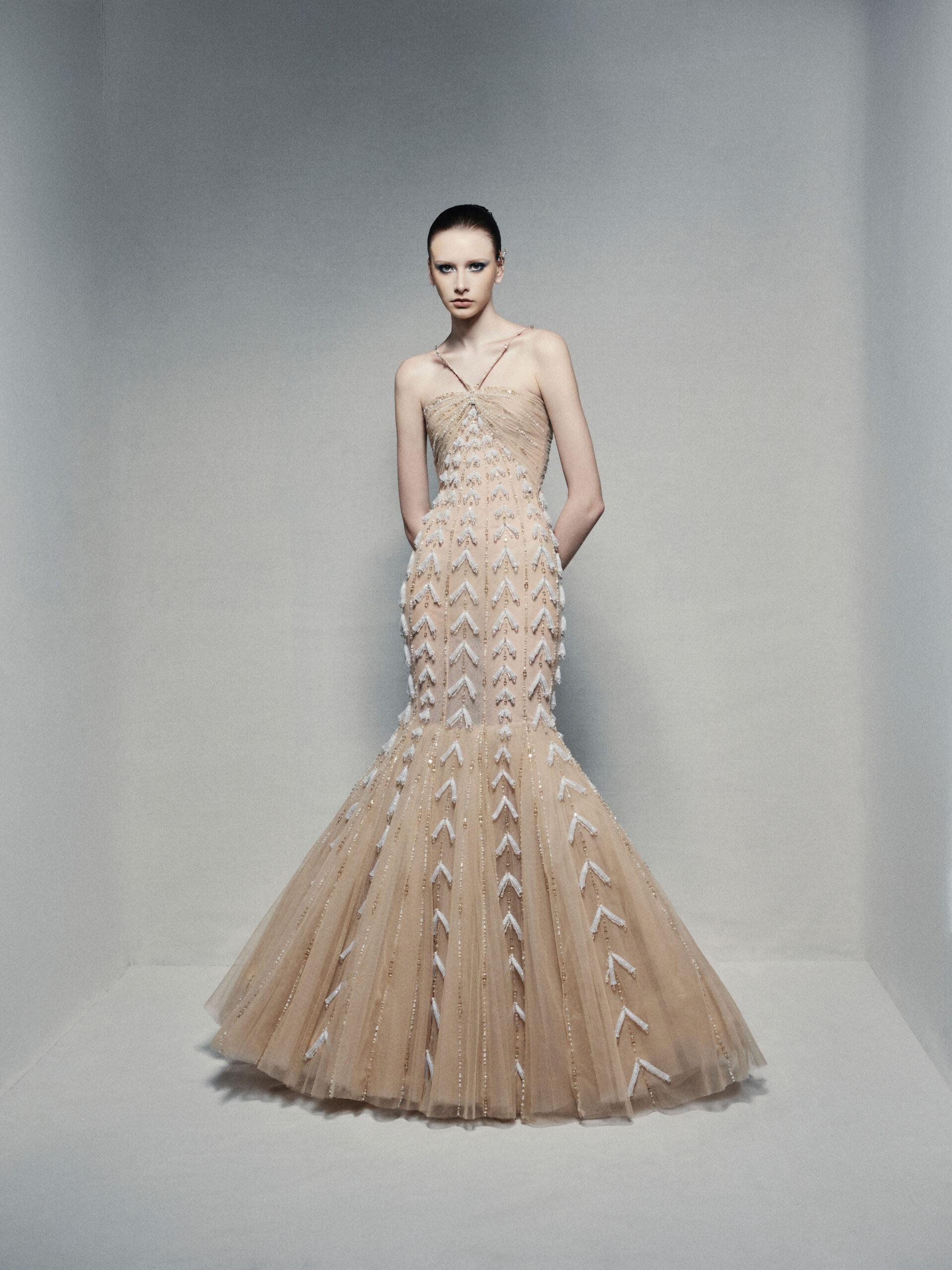 Tulle mermaid gown in warm champagne