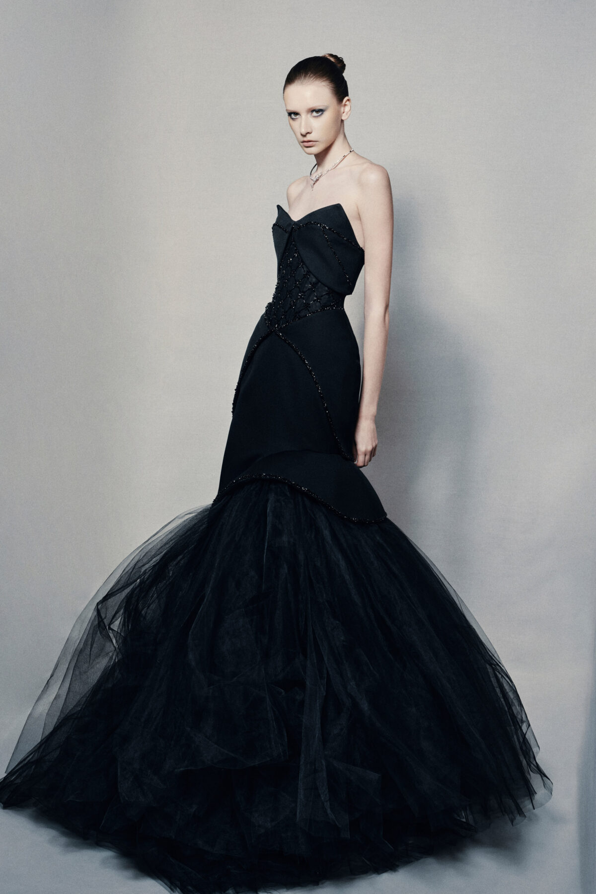 Strapless sweetheart mermaid gown in black silk crepe