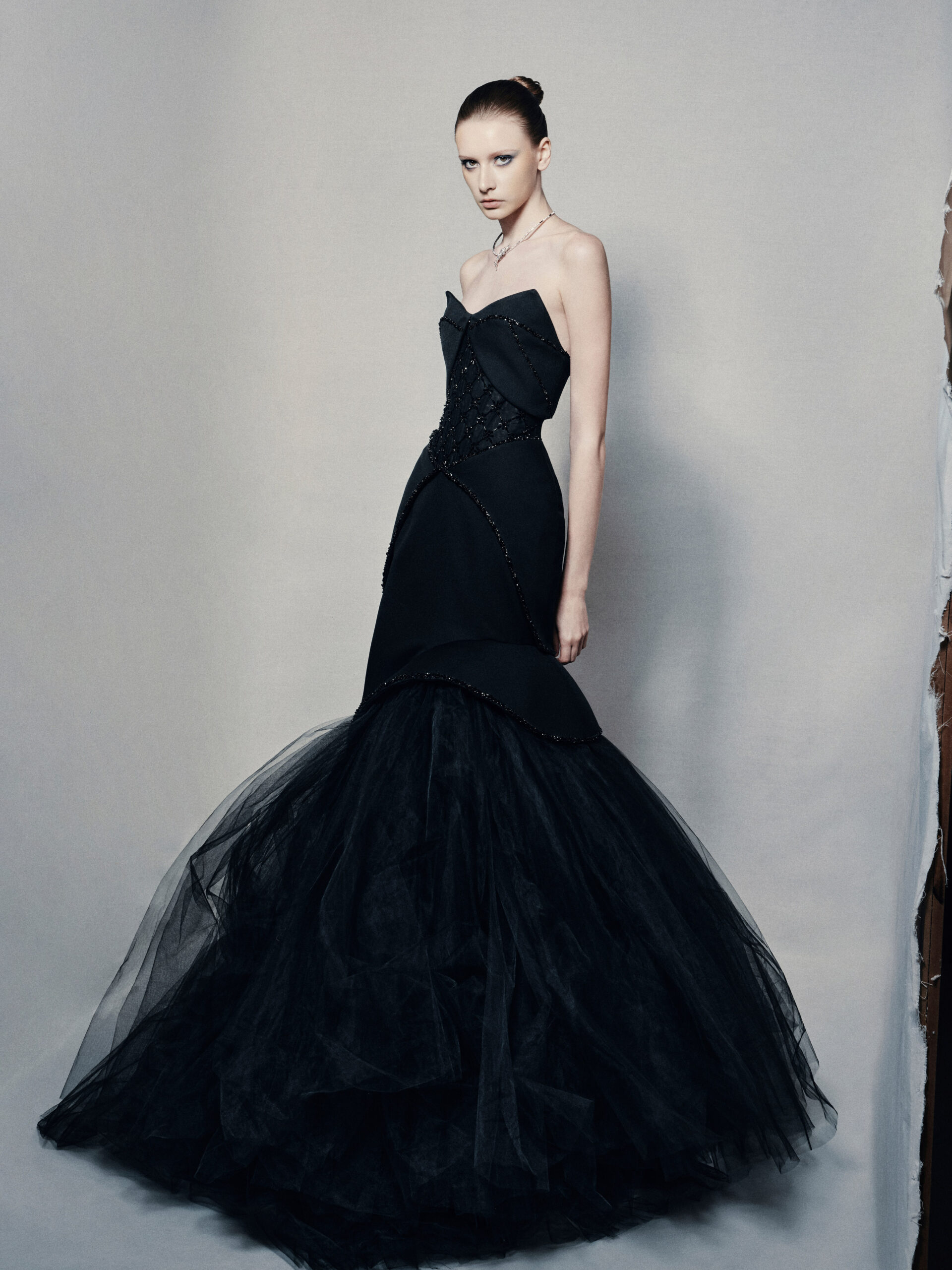 Strapless sweetheart mermaid gown in black silk crepe