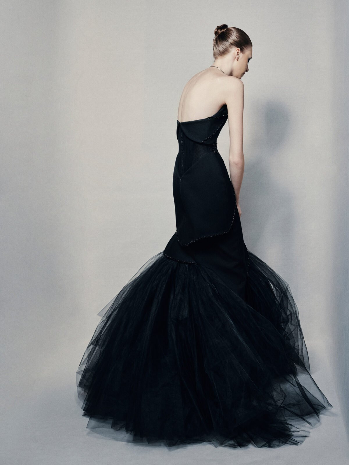 Strapless sweetheart mermaid gown in black silk crepe