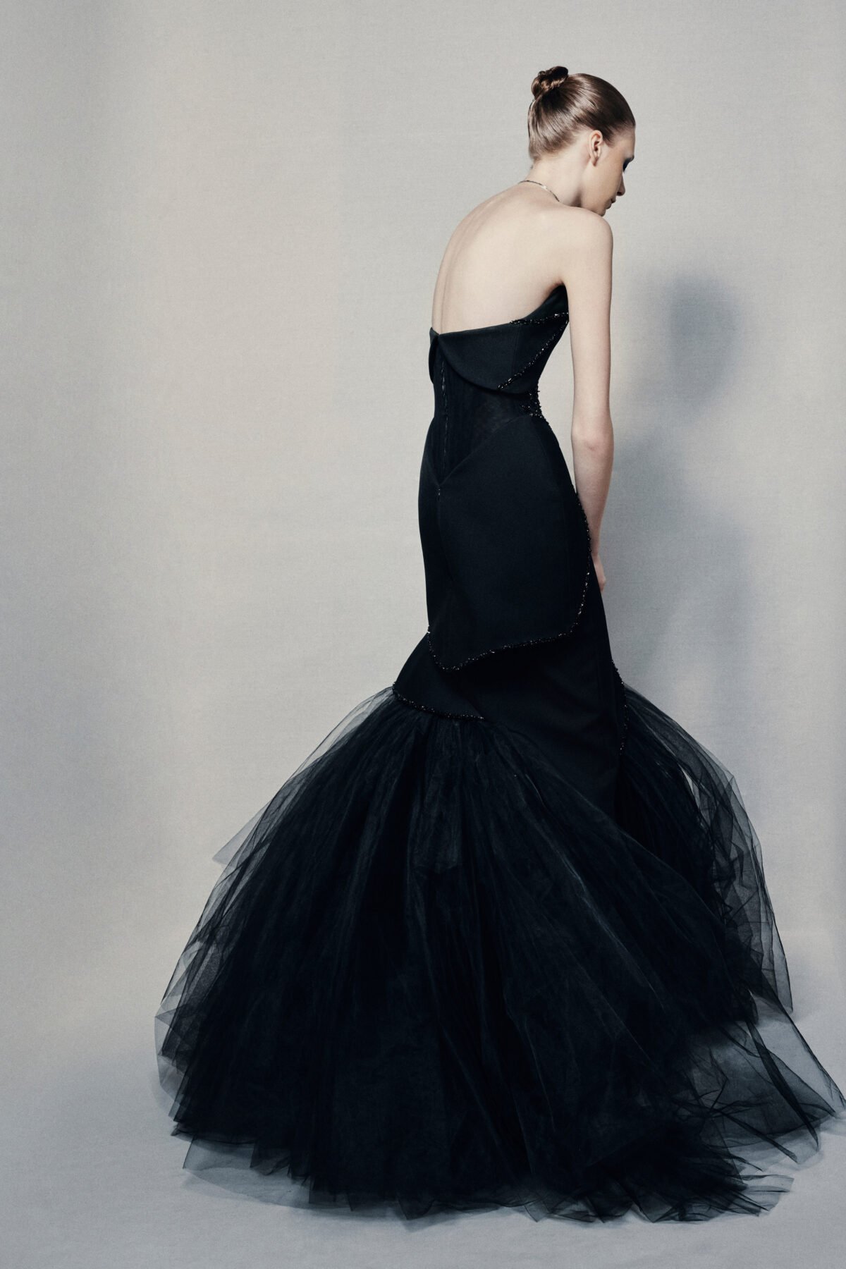 Strapless sweetheart mermaid gown in black silk crepe