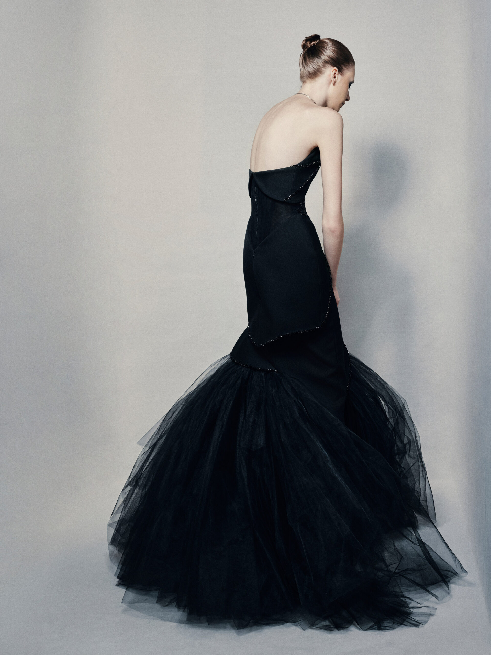 Strapless sweetheart mermaid gown in black silk crepe