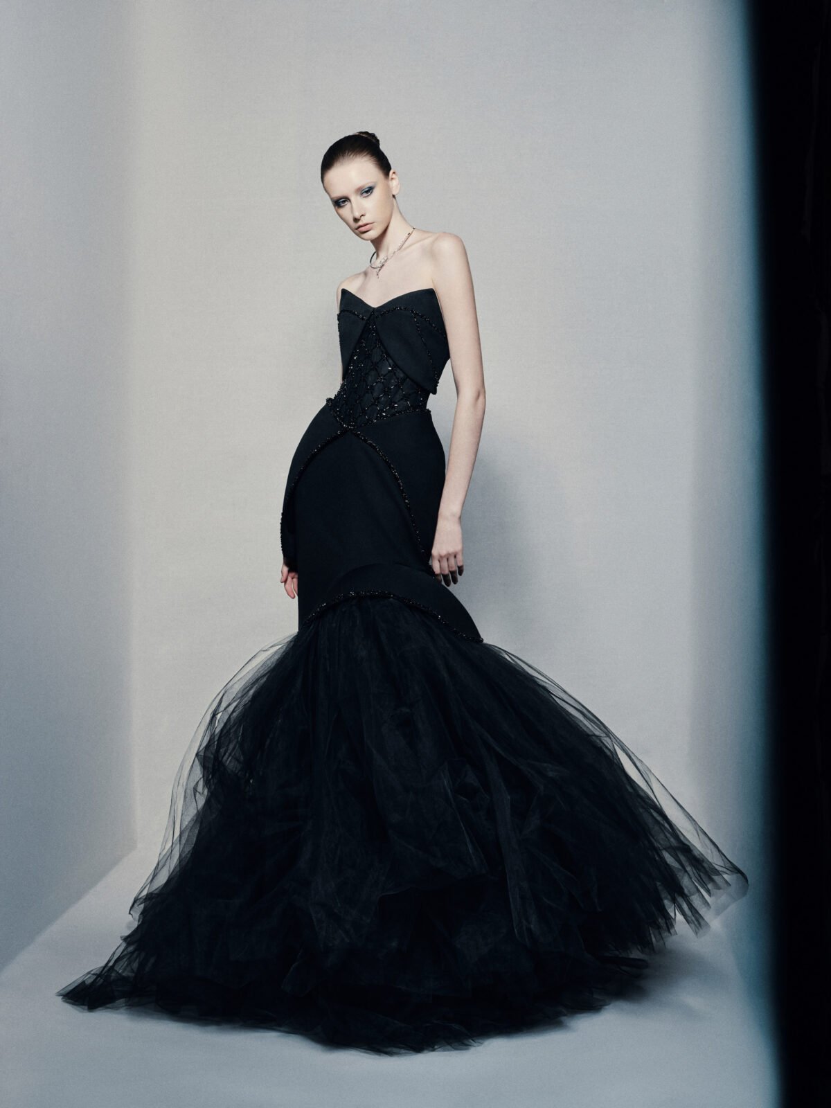 Strapless sweetheart mermaid gown in black silk crepe