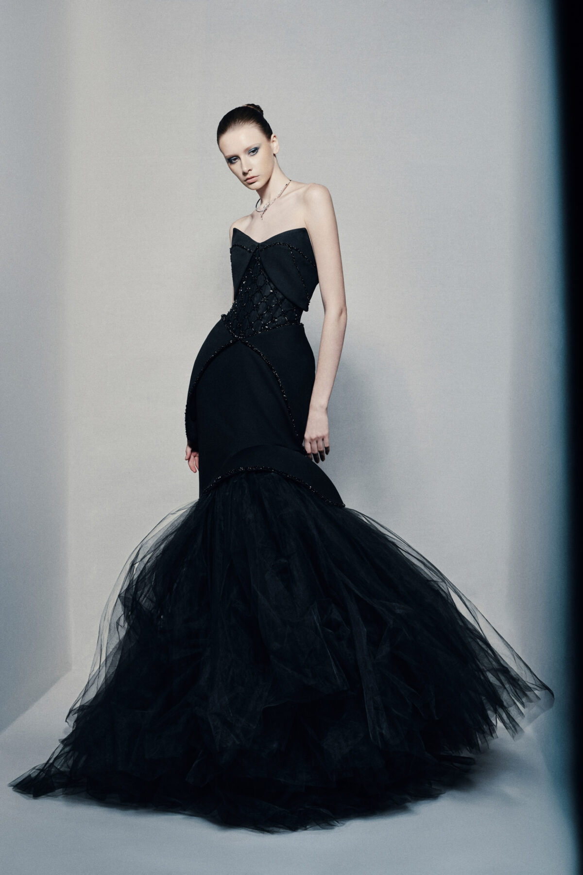 Strapless sweetheart mermaid gown in black silk crepe