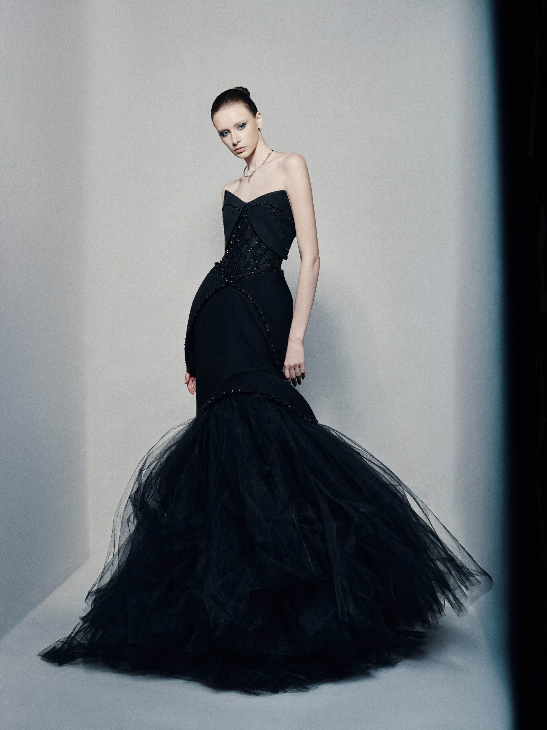 Strapless sweetheart mermaid gown in black silk crepe
