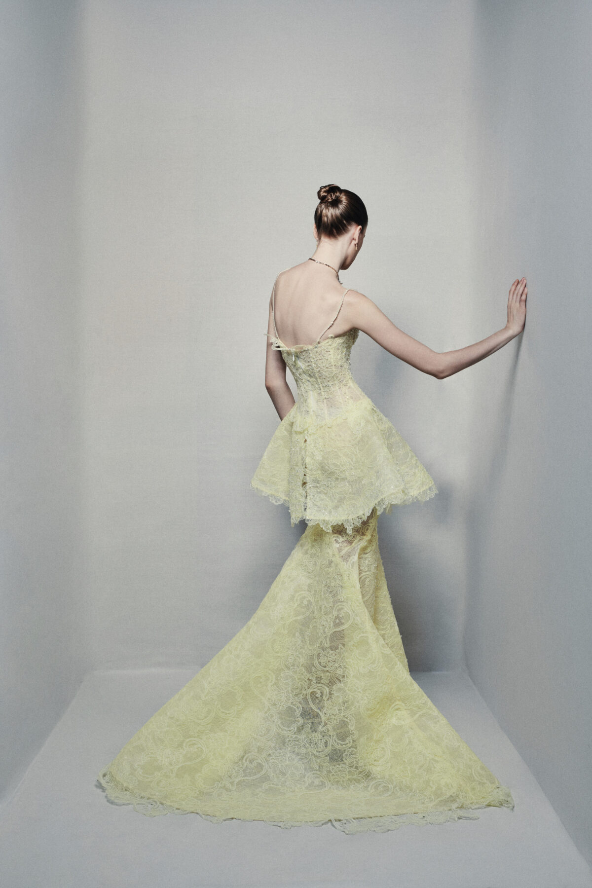 Peplum trumpet dress in hand-dyed lime yellow guipure lace