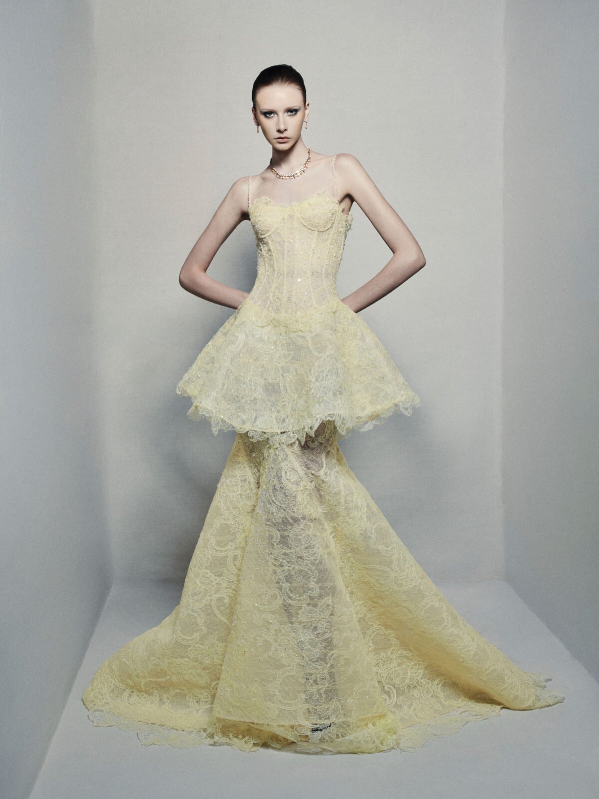 Peplum trumpet dress in hand-dyed lime yellow guipure lace