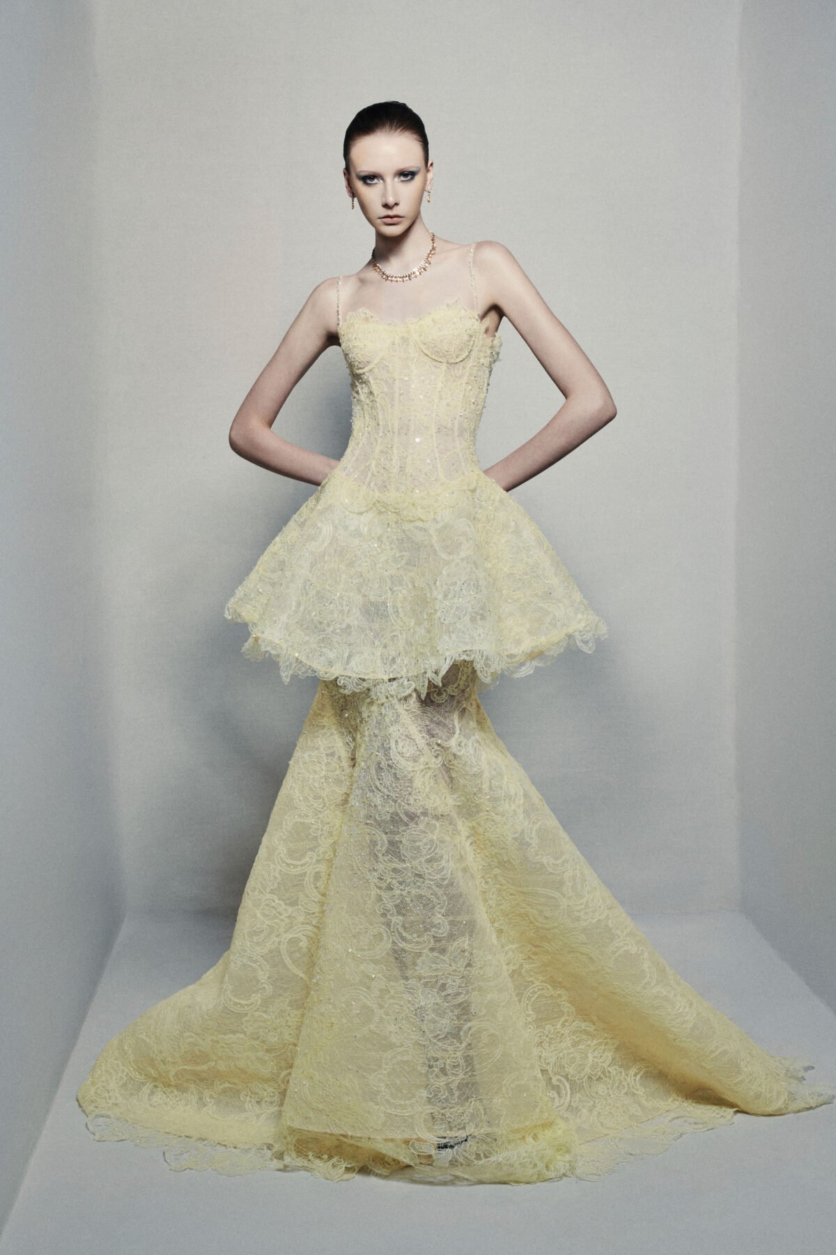 Peplum trumpet dress in hand-dyed lime yellow guipure lace