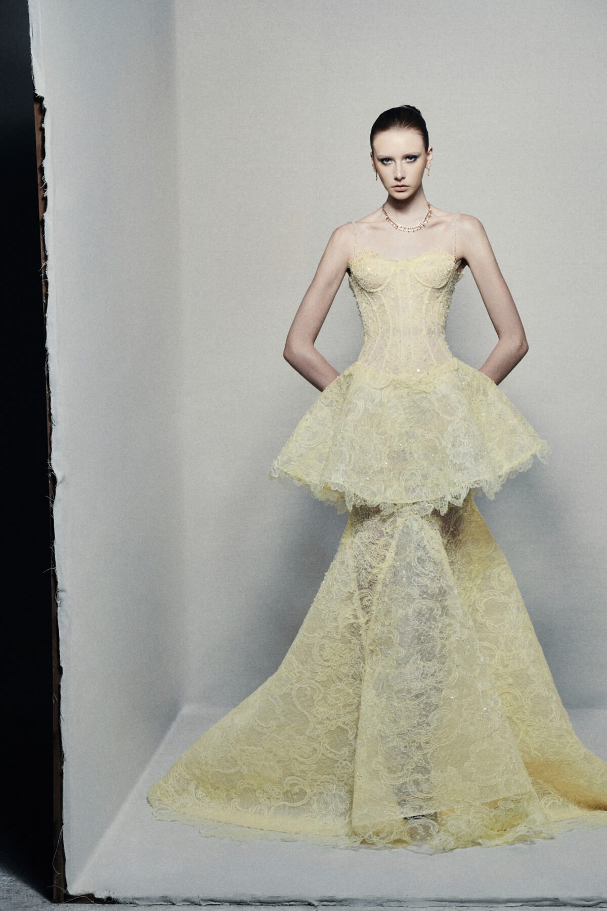 Peplum trumpet dress in hand-dyed lime yellow guipure lace