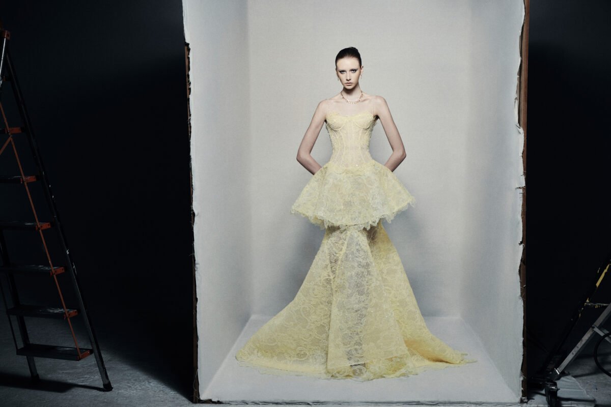Peplum trumpet dress in hand-dyed lime yellow guipure lace