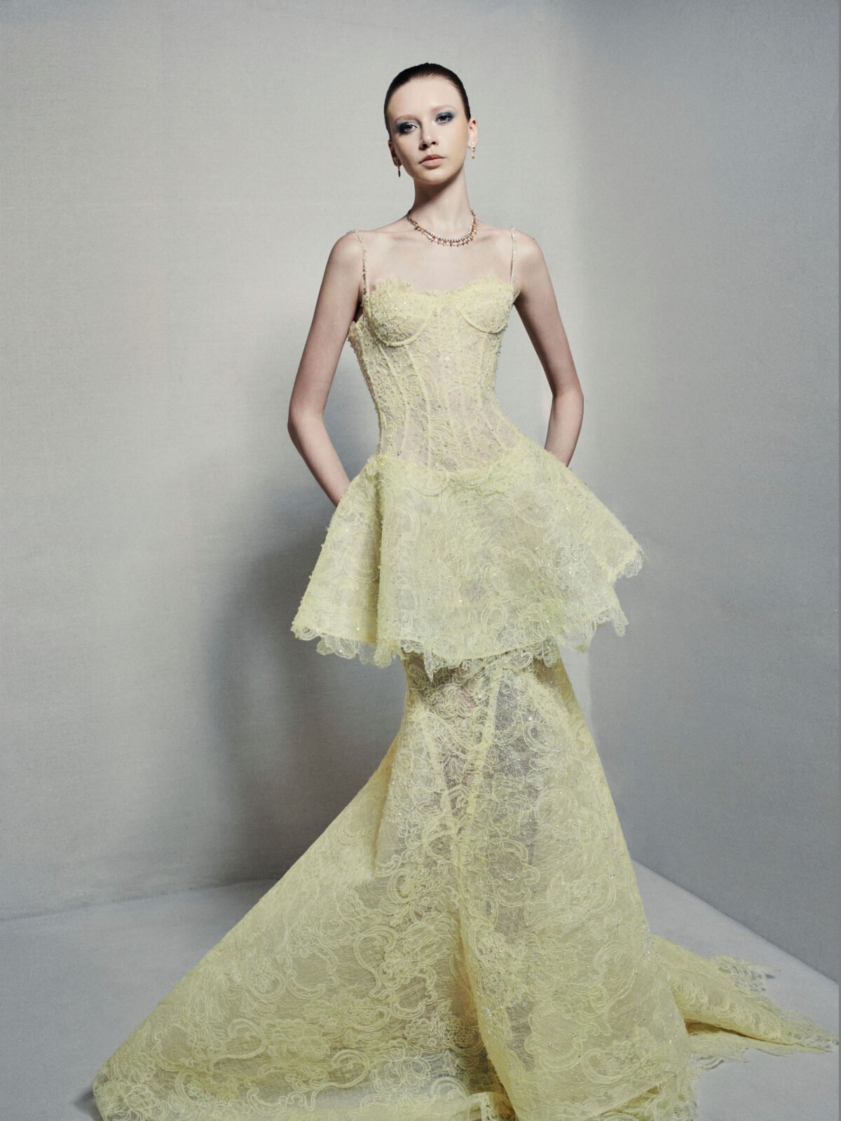 Peplum trumpet dress in hand-dyed lime yellow guipure lace