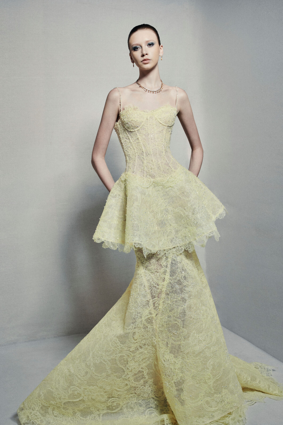 Peplum trumpet dress in hand-dyed lime yellow guipure lace