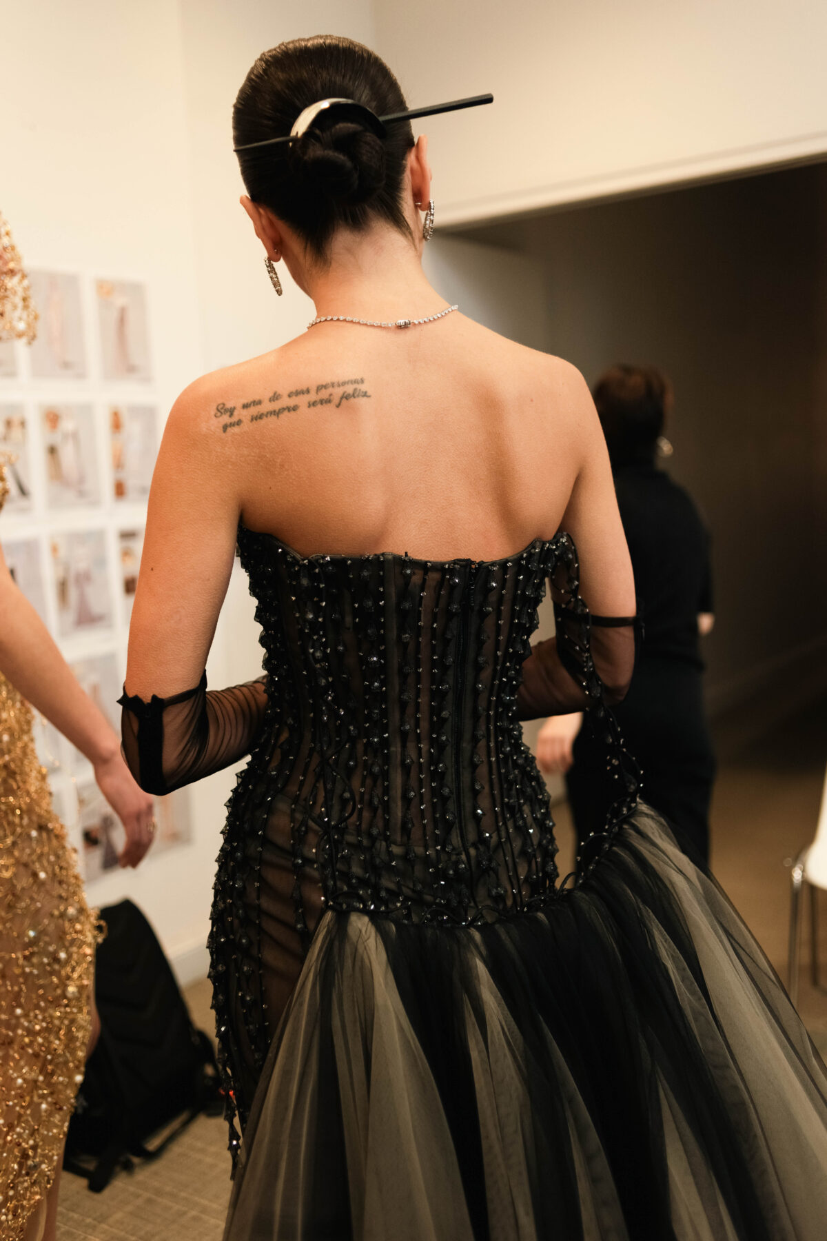 Semi-sheer fit and flare gown in black