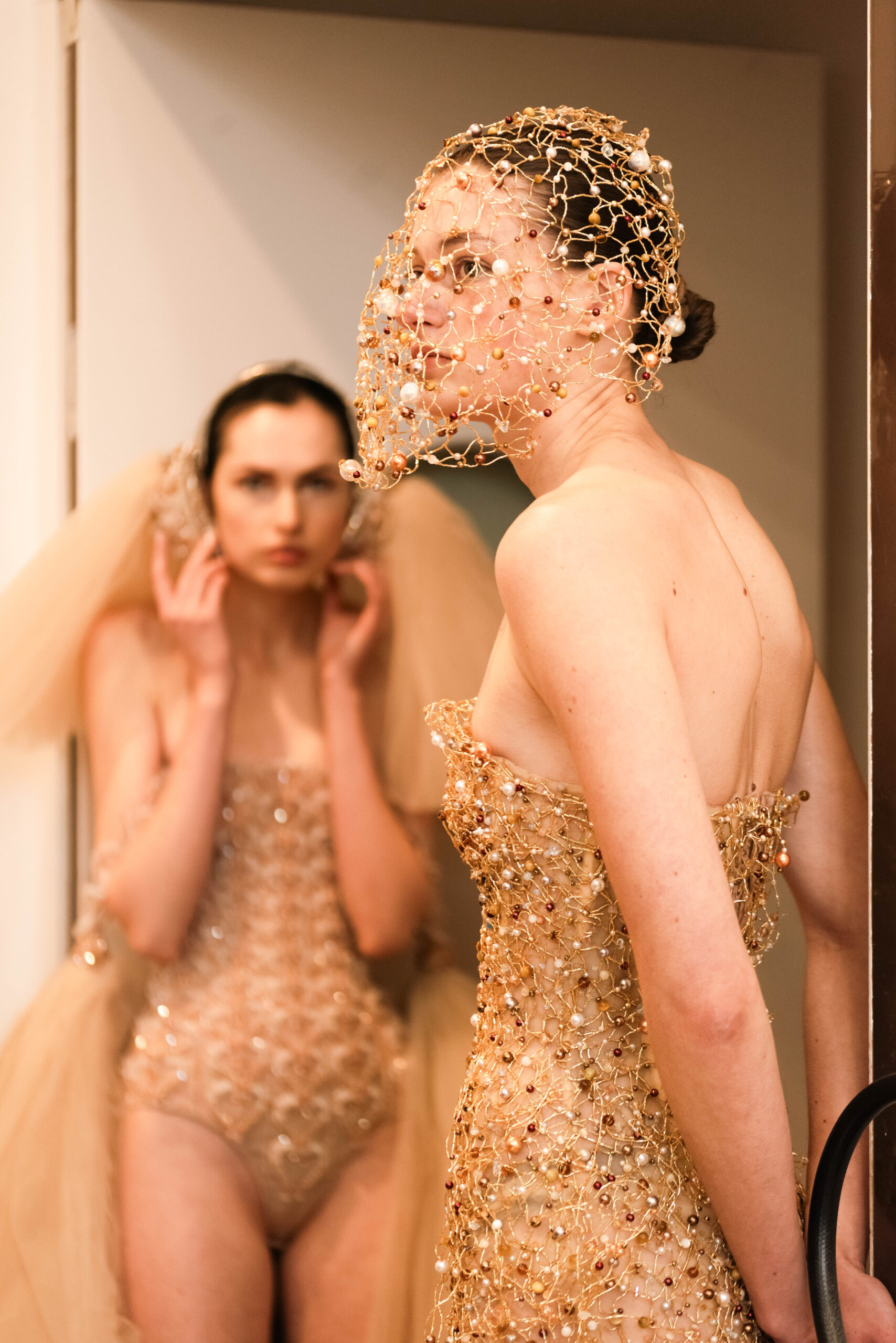 Strapless Slit Mermaid Gown in Metallic Gold with Handwoven 3D Couture - Image 2