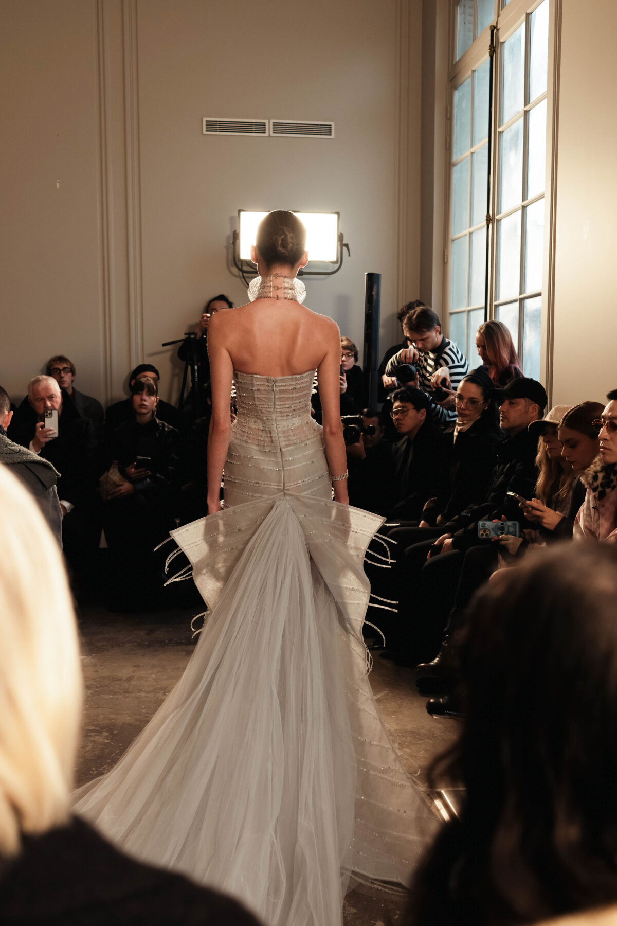 Sheer strapless fit and flare gown in icy grey