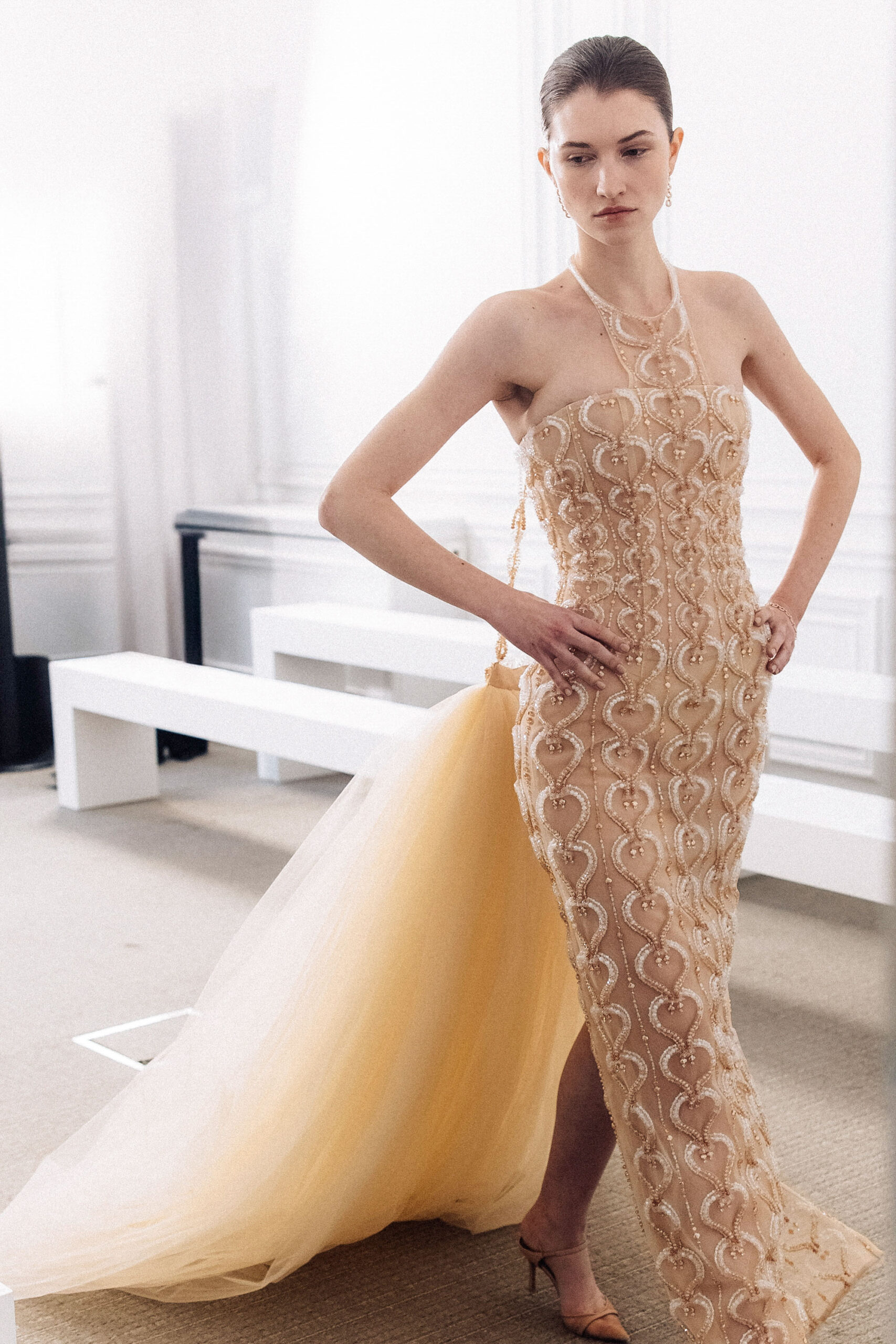 Halterneck column dress in champagne beige