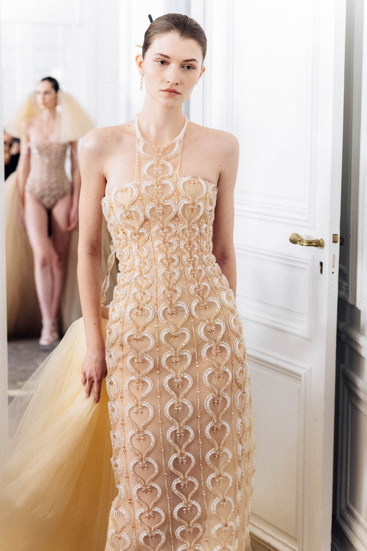 Halterneck column dress in champagne beige