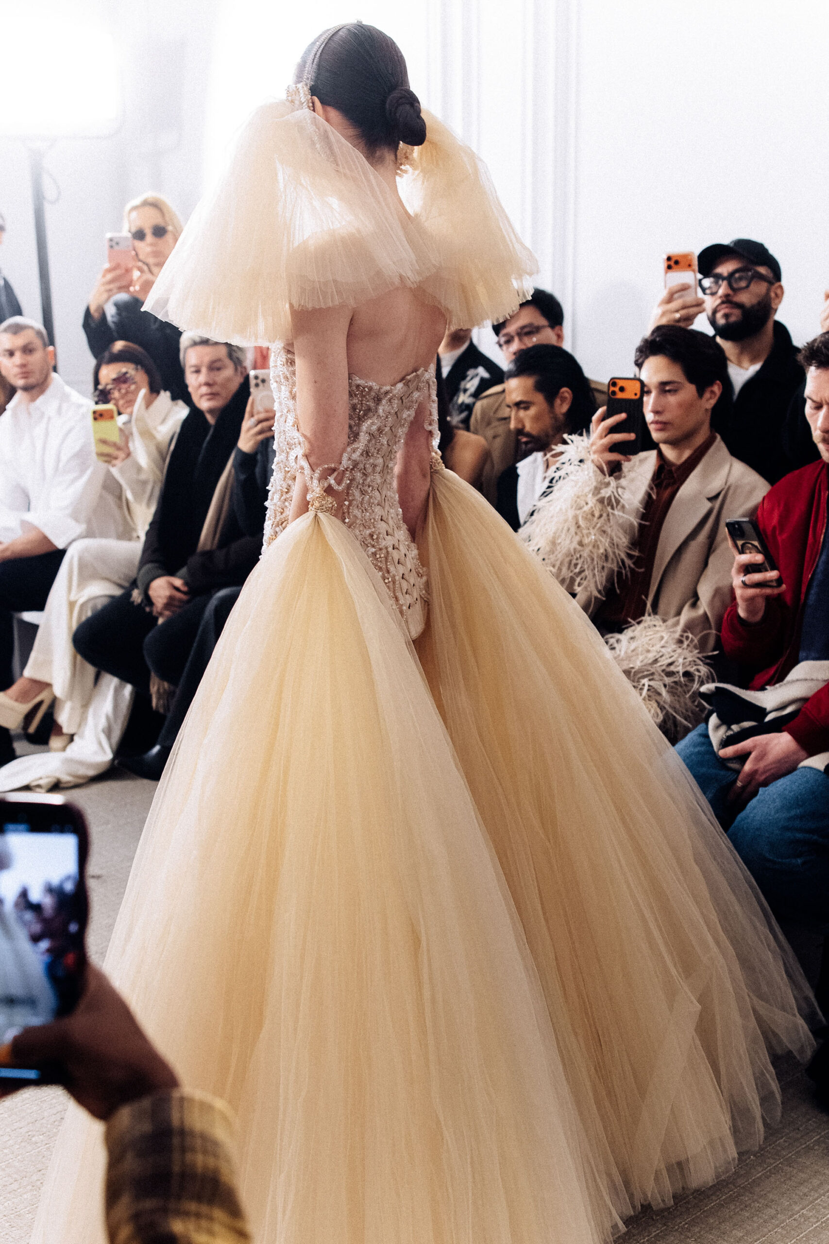 Leotard and overskirt ensemble in champagne beige