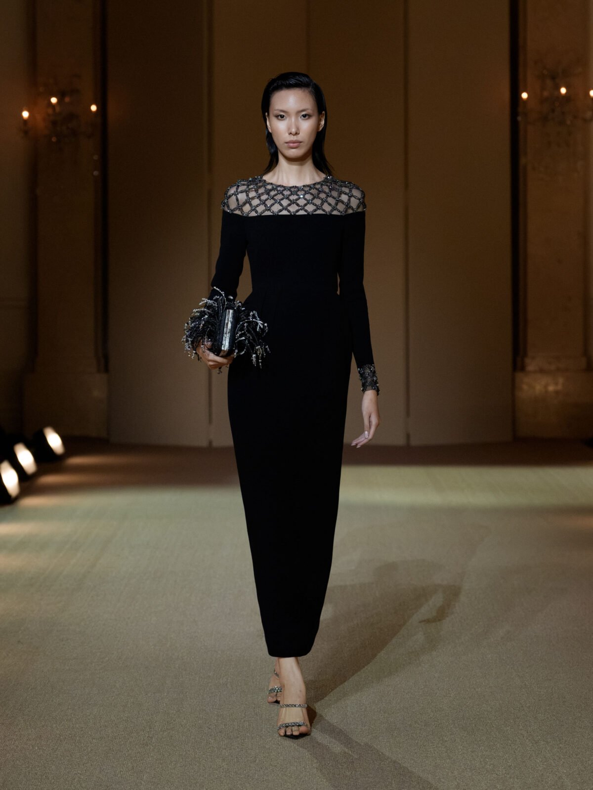 Black tea-length dress with beaded yoke by PHAN HUY